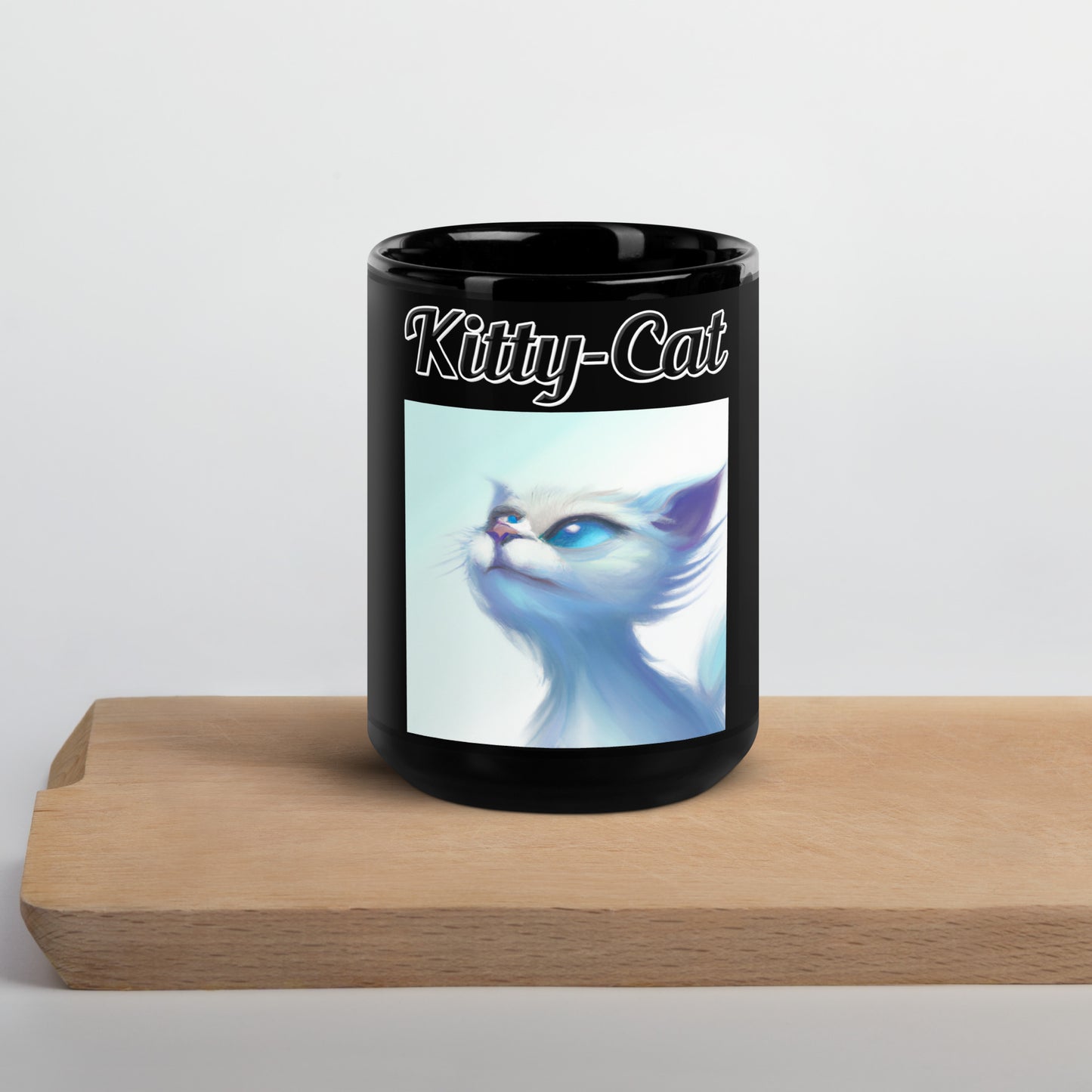 Black Glossy Mug with text White Wind Swept Kitten With Blue Eyes with a text "Kitty-Cat" at $17.99 found at Personalizedpetlovergifts