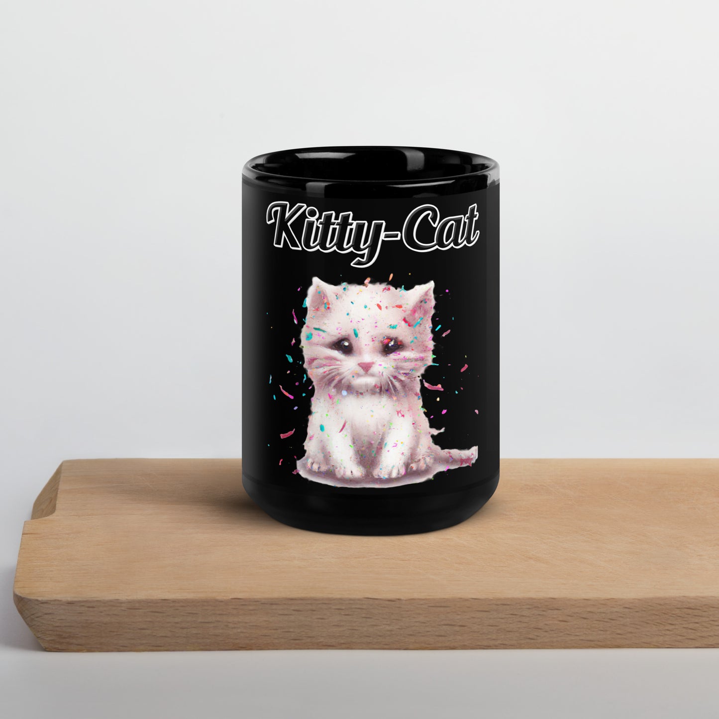 Black Glossy Mug with text White Kitten With Confetti with a text "Kitty-Cat" at $17.99 found at Personalizedpetlovergifts