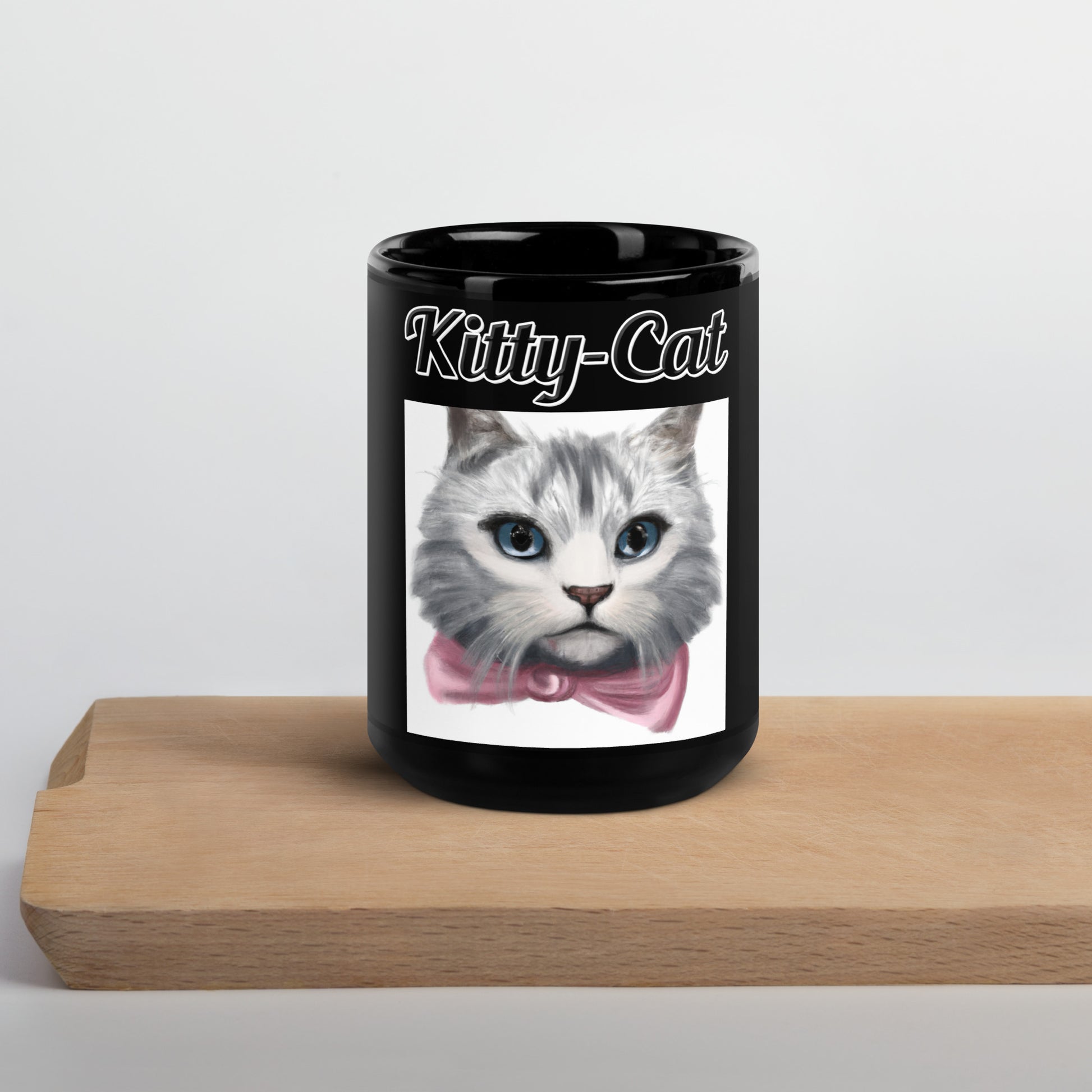 Black Glossy Mug with text White Kitten With a Pink Bow with a text "Kitty-Cat" at $17.99 found at Personalizedpetlovergifts