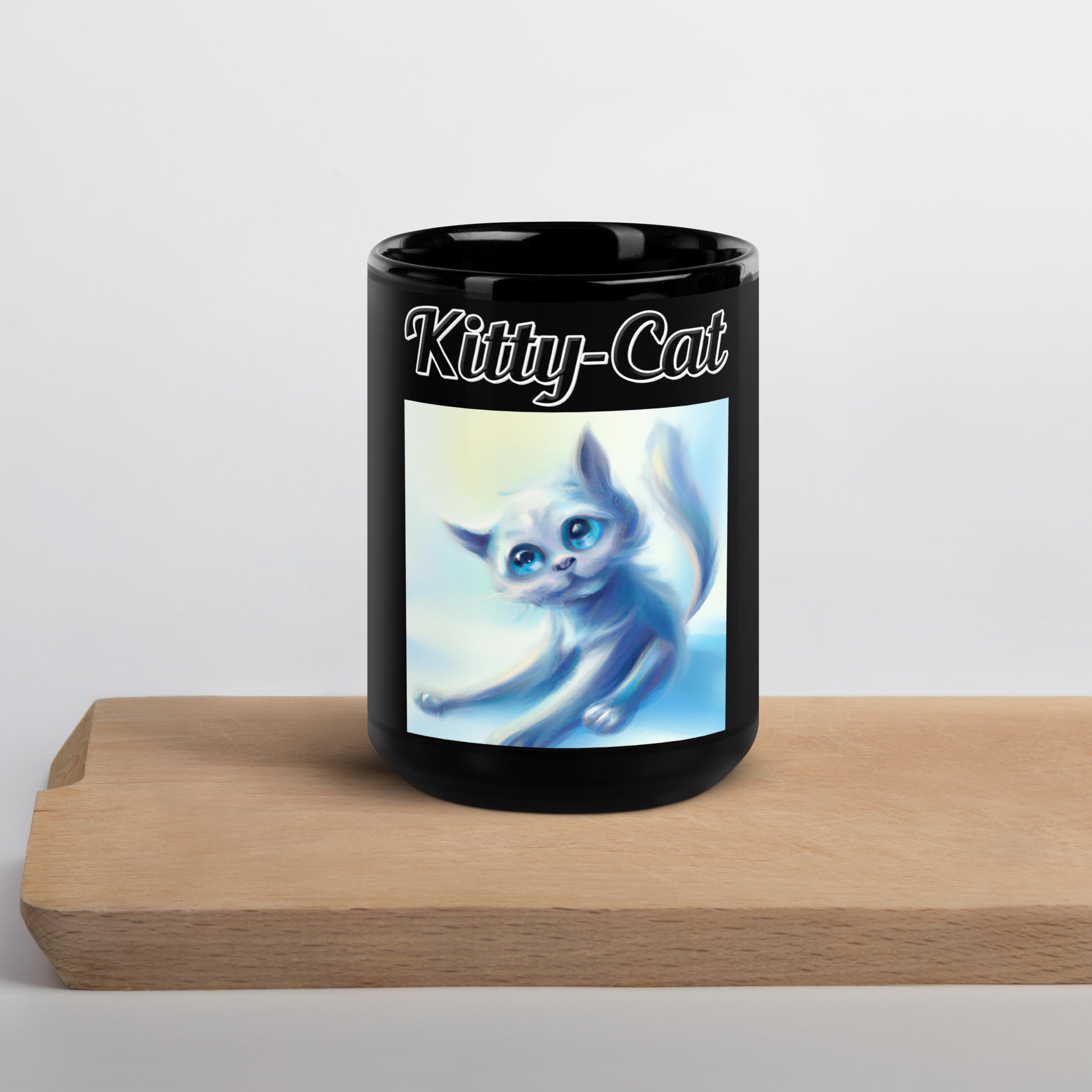 Black Glossy Mug with text White Kitten Stretching with a text "Kitty-Cat" at $17.99 found at Personalizedpetlovergifts