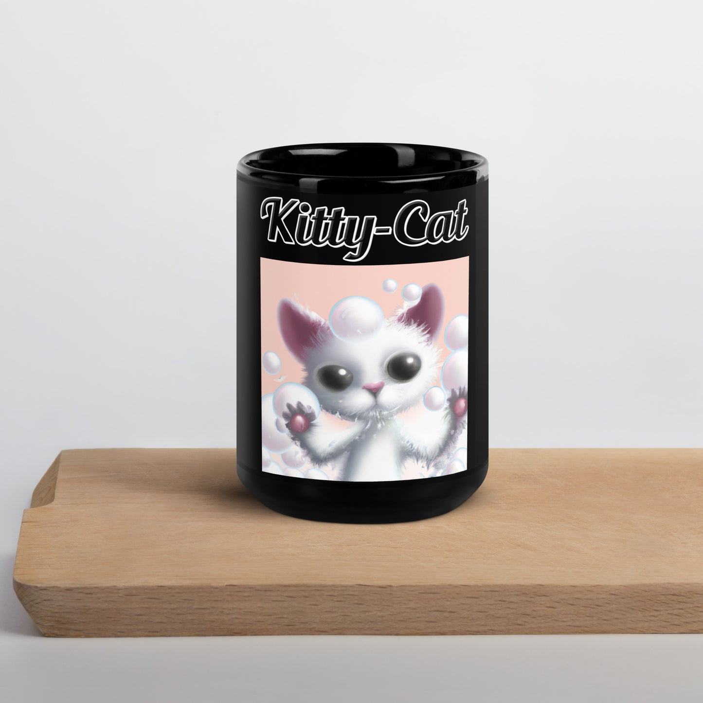 Black Glossy Mug with text White Kitten Playing With Bubbles with a text "Kitty-Cat" at $17.99 found at Personalizedpetlovergifts