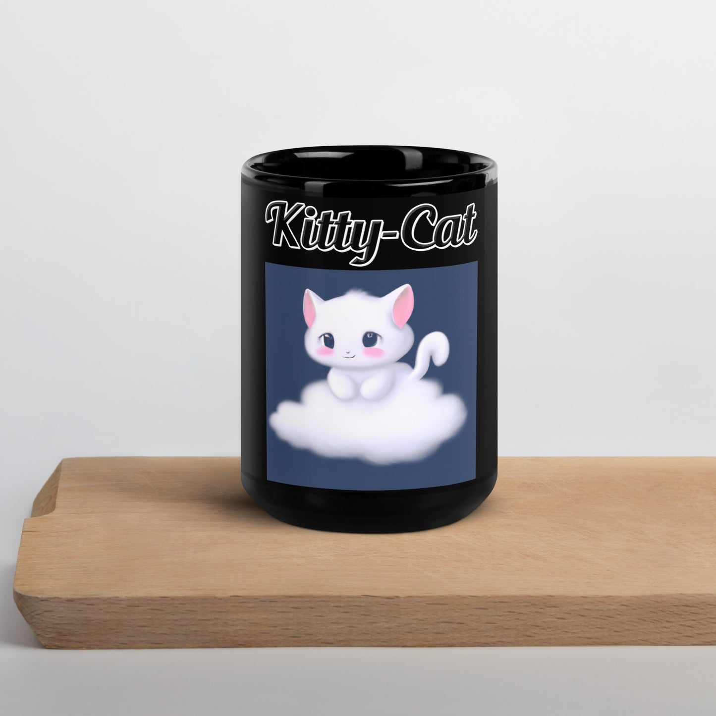 Black Glossy Mug with text White Kitten On a Cloud with a text "Kitty-Cat" at $17.99 found at Personalizedpetlovergifts