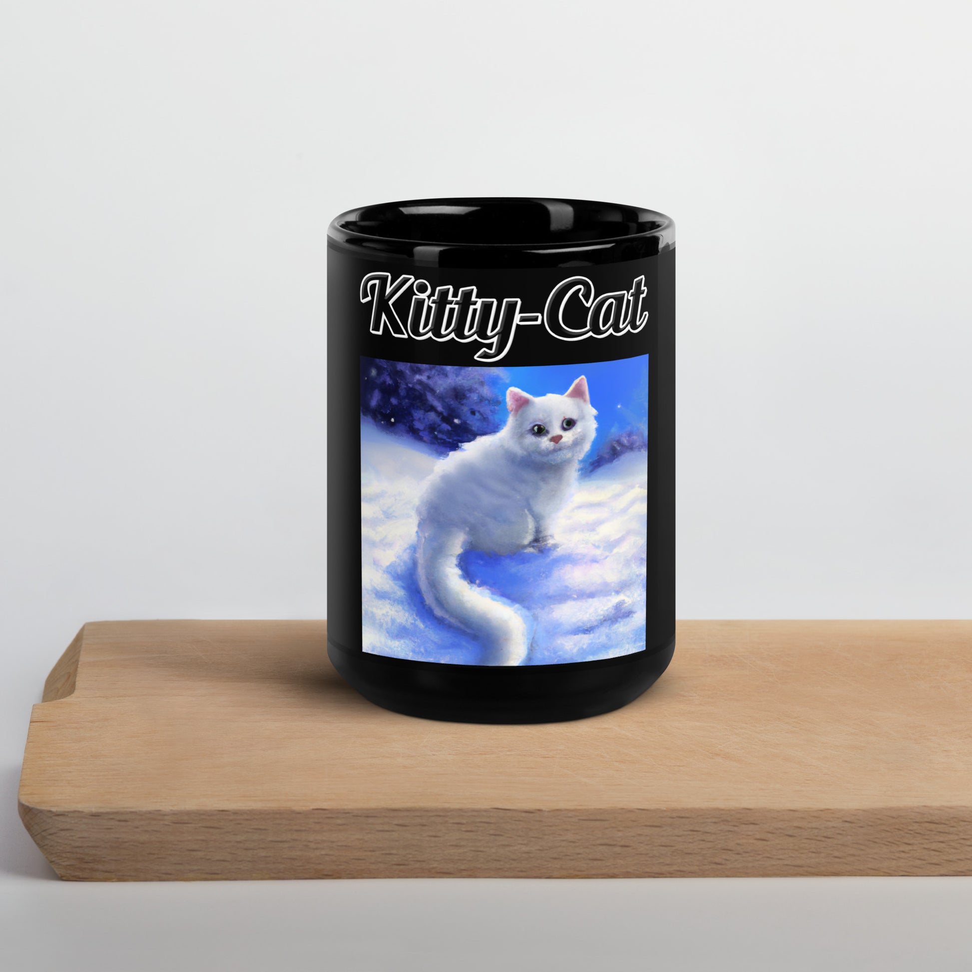 Black Glossy Mug with text White Kitten In Winter with a text "Kitty-Cat" at $17.99 found at Personalizedpetlovergifts