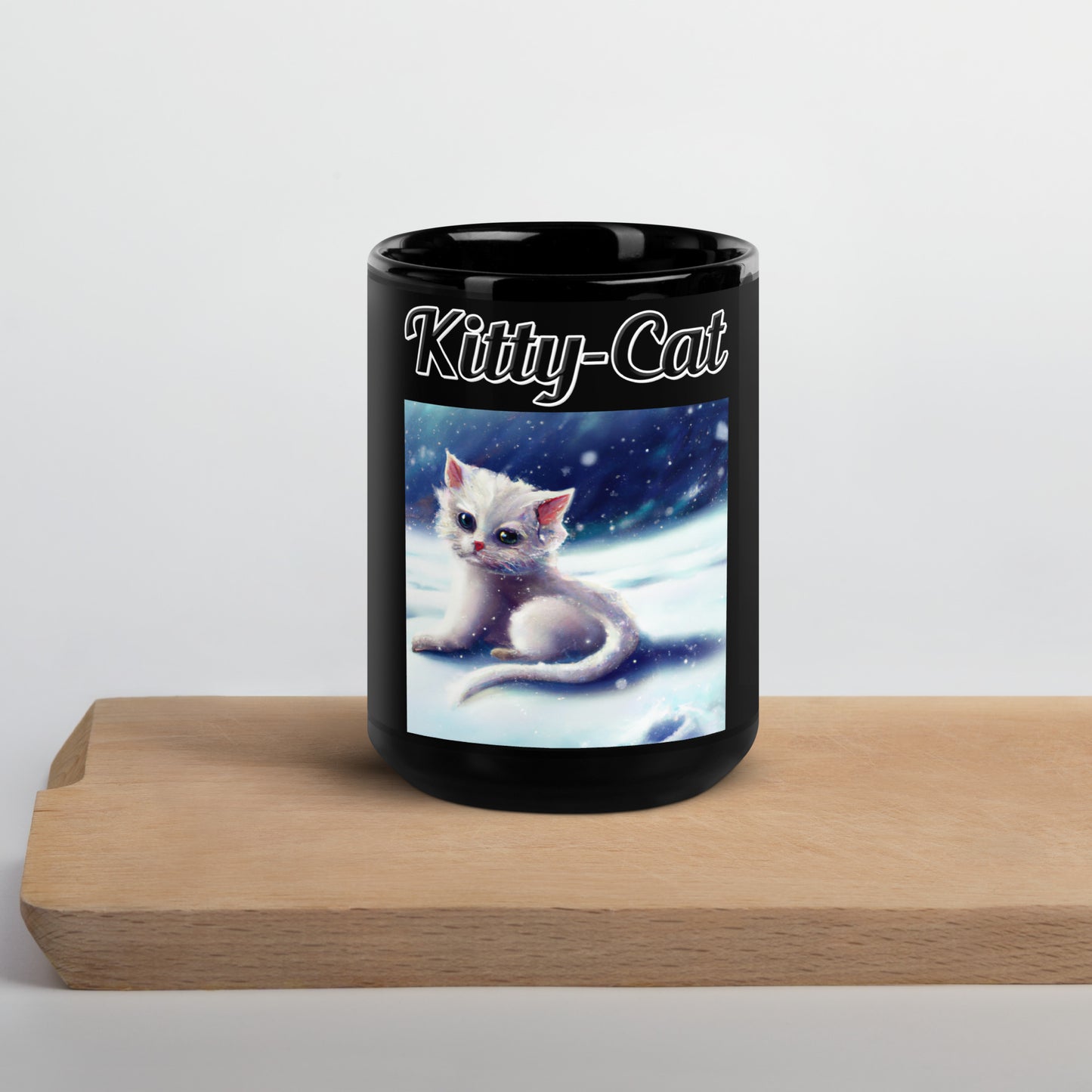 Black Glossy Mug with text White Kitten In The Snow with a text "Kitty-Cat" at $17.99 found at Personalizedpetlovergifts