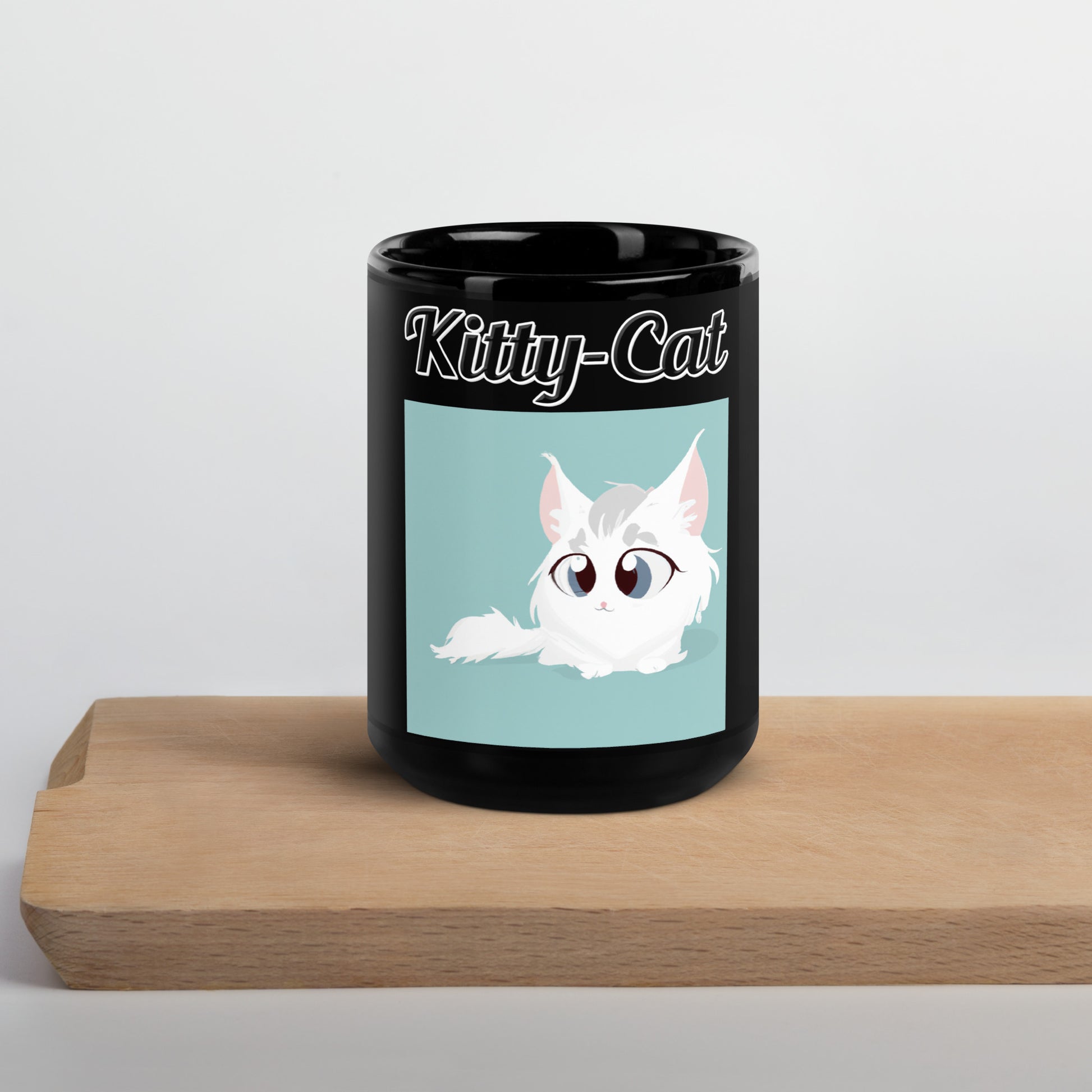 Black Glossy Mug with text White Furball Kitten with a text "Kitty-Cat" at $17.99 found at Personalizedpetlovergifts