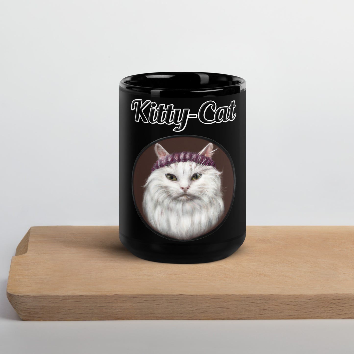 Black Glossy Mug with text White Fluffy Kitten With a Knit Headband with a text "Kitty-Cat" at $17.99 found at Personalizedpetlovergifts