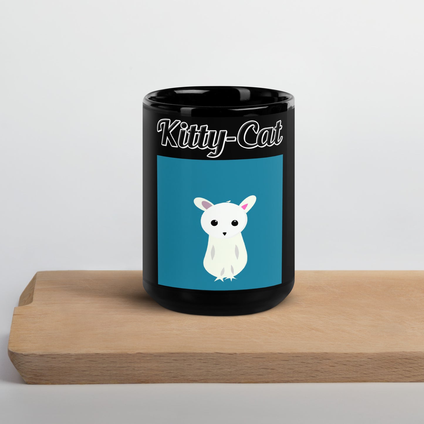 Black Glossy Mug with text White Creature with a text "Kitty-Cat" at $17.99 found at Personalizedpetlovergifts