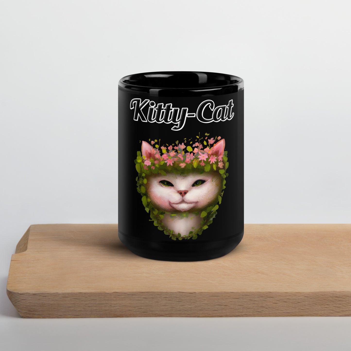 Black Glossy Mug with text White Cat With Flowers with a text "Kitty-Cat" at $17.99 found at Personalizedpetlovergifts