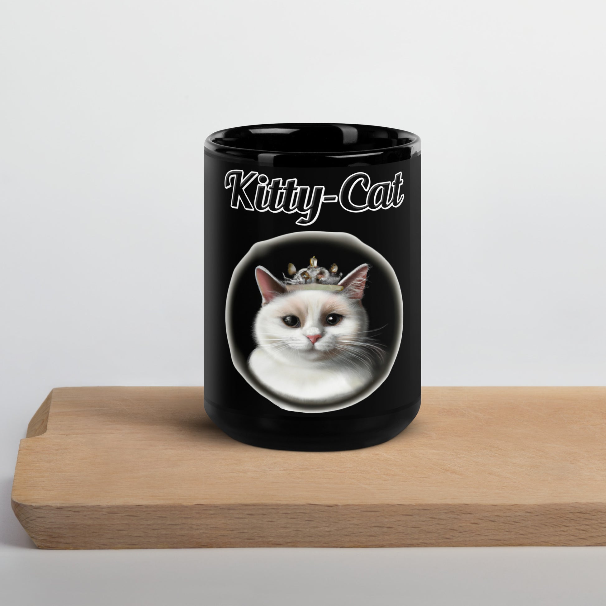 Black Glossy Mug with text White Cat With a Tiara with a text "Kitty-Cat" at $17.99 found at Personalizedpetlovergifts