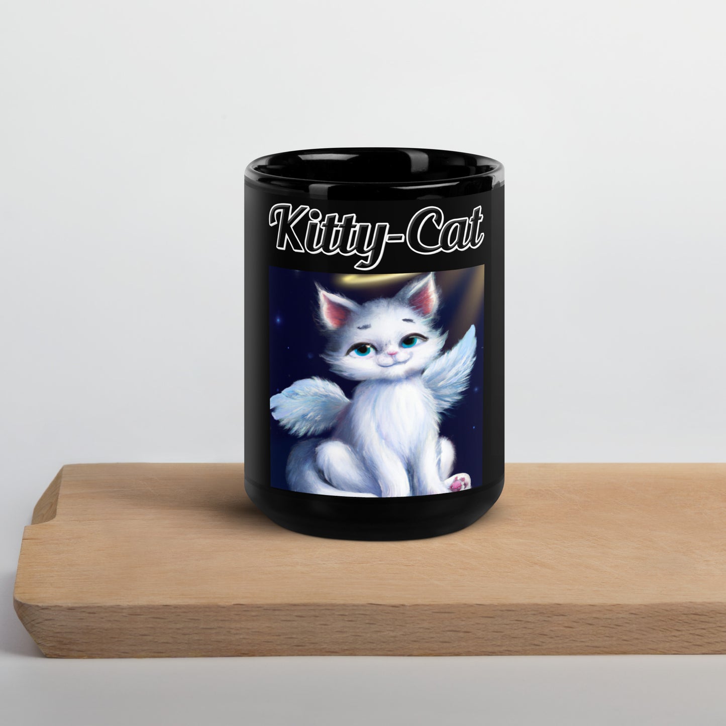 Black Glossy Mug with text White Angel Cat with a text "Kitty-Cat" at $17.99 found at Personalizedpetlovergifts