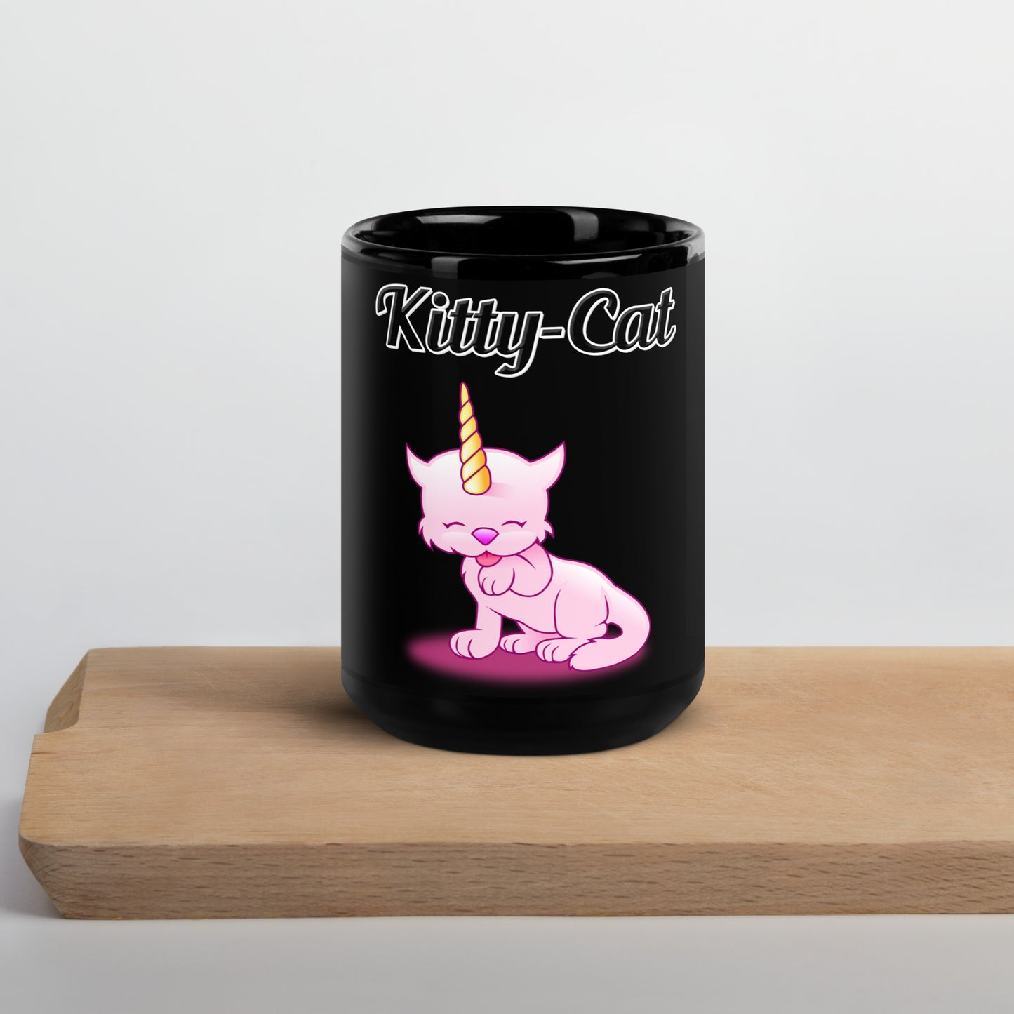 Black Glossy Mug with text Unicorn Cat Licking Its Paw with a text "Kitty-Cat" at $17.99 found at Personalizedpetlovergifts