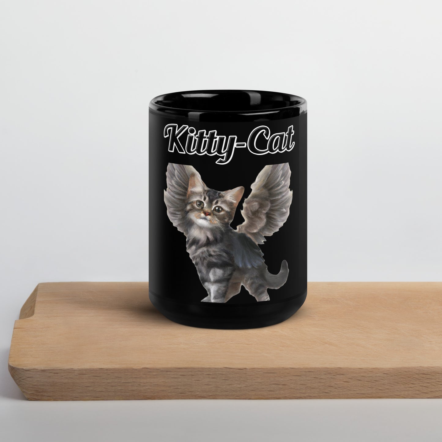 Black Glossy Mug with text Tabby Cat With Angel Wings with a text "Kitty-Cat" at $17.99 found at Personalizedpetlovergifts