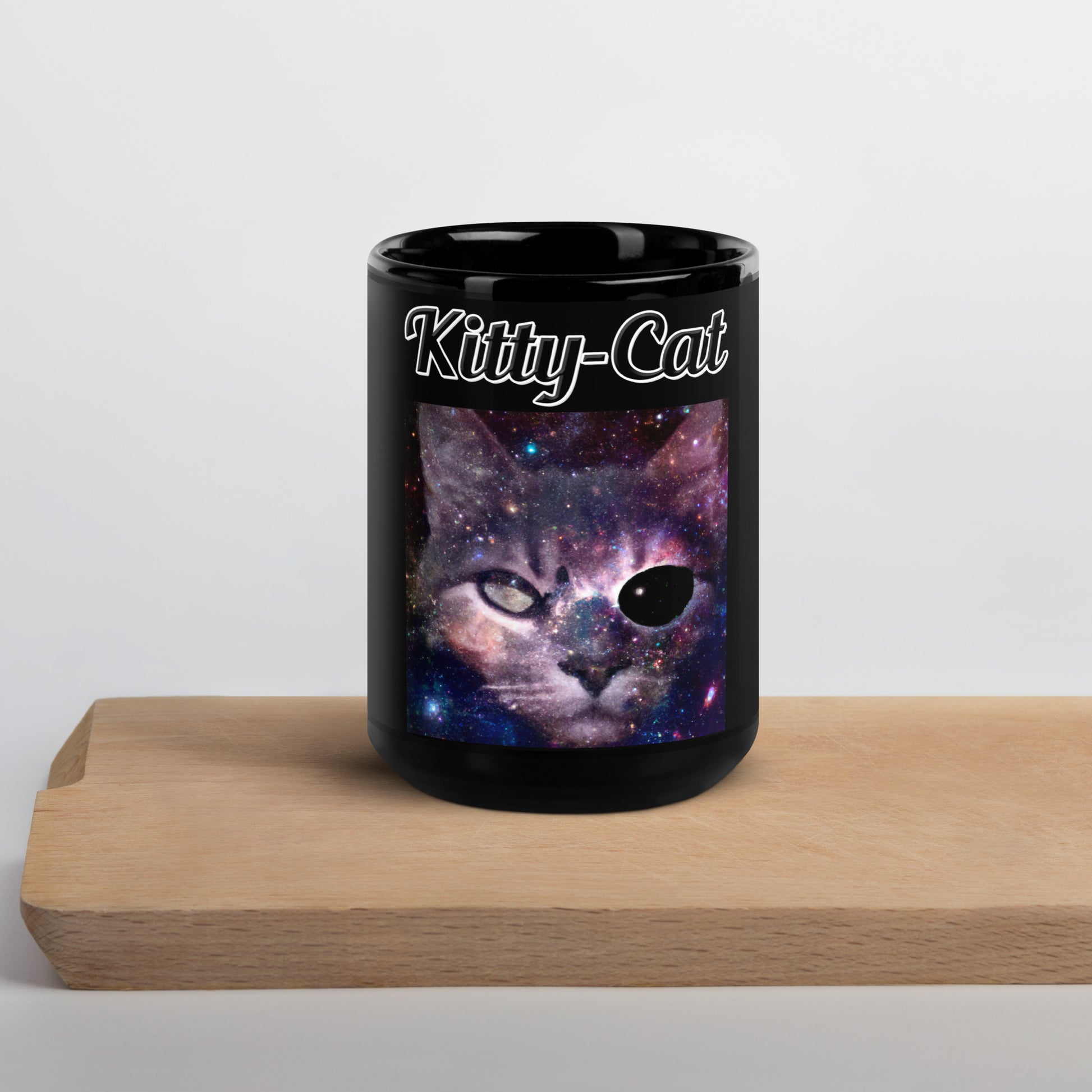 Black Glossy Mug with text Space One Eyed Cat with a text "Kitty-Cat" at $17.99 found at Personalizedpetlovergifts