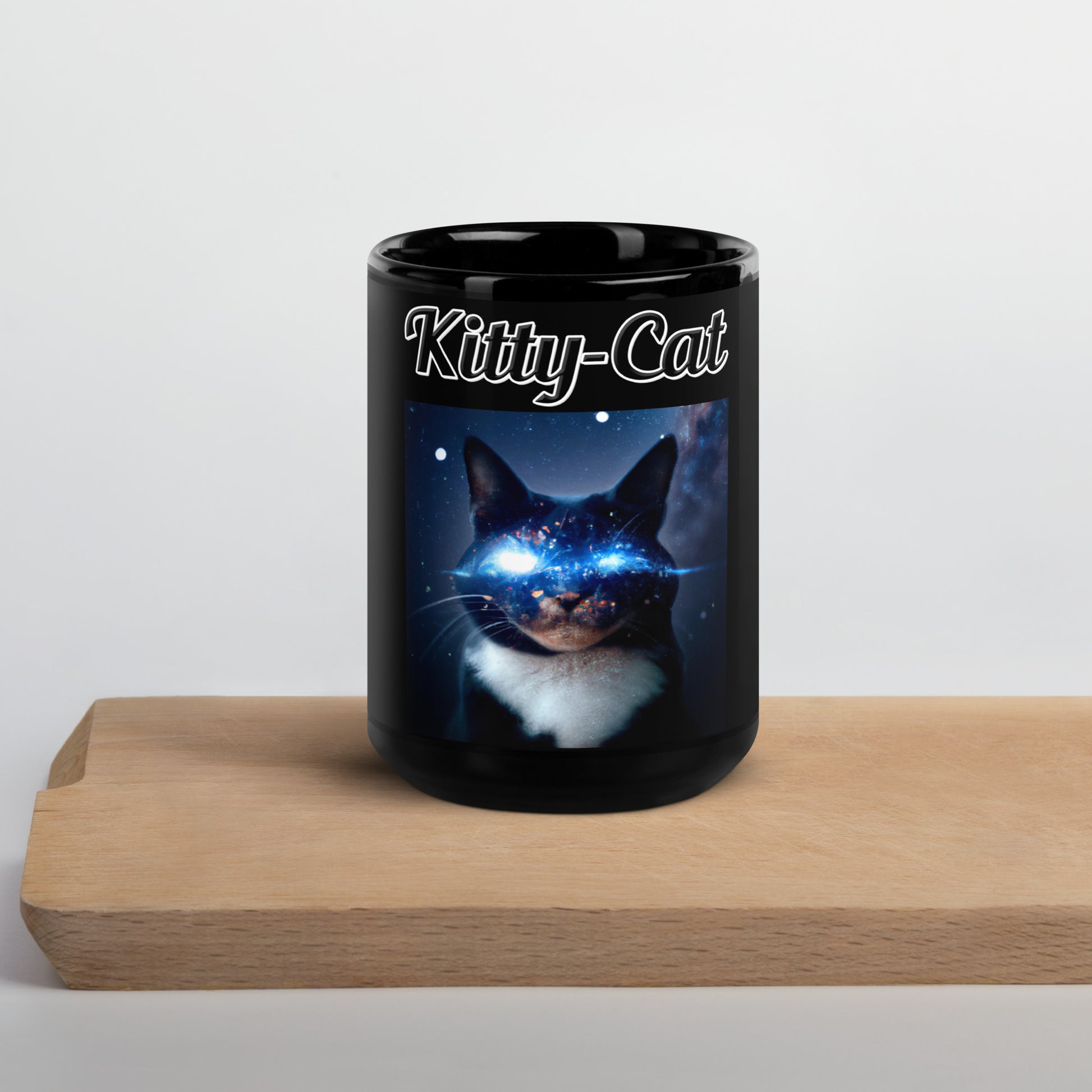 Black Glossy Mug with text Space Eyed Cat with a text "Kitty-Cat" at $17.99 found at Personalizedpetlovergifts