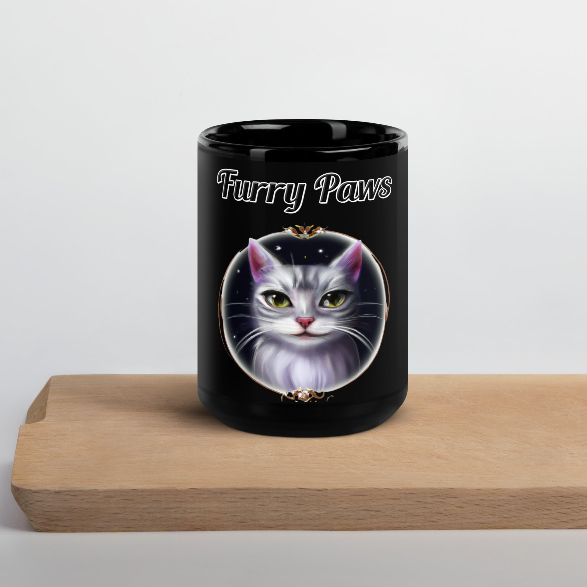 Black Glossy Mug with text Wispy Whiskers Cat In a Circle with a text "Furry Paws" at $17.99 found at Personalizedpetlovergifts