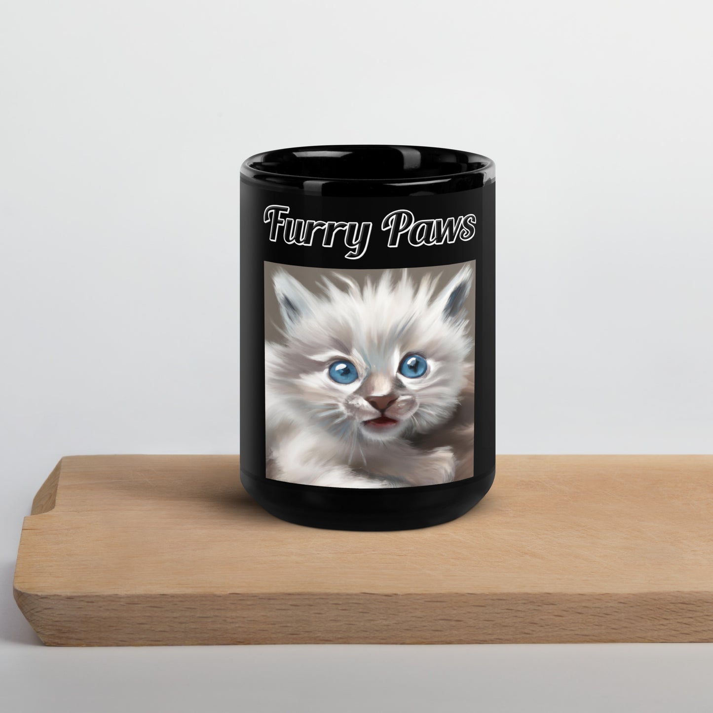 Black Glossy Mug with text Wispy Kitten Painting with a text "Furry Paws" at $17.99 found at Personalizedpetlovergifts