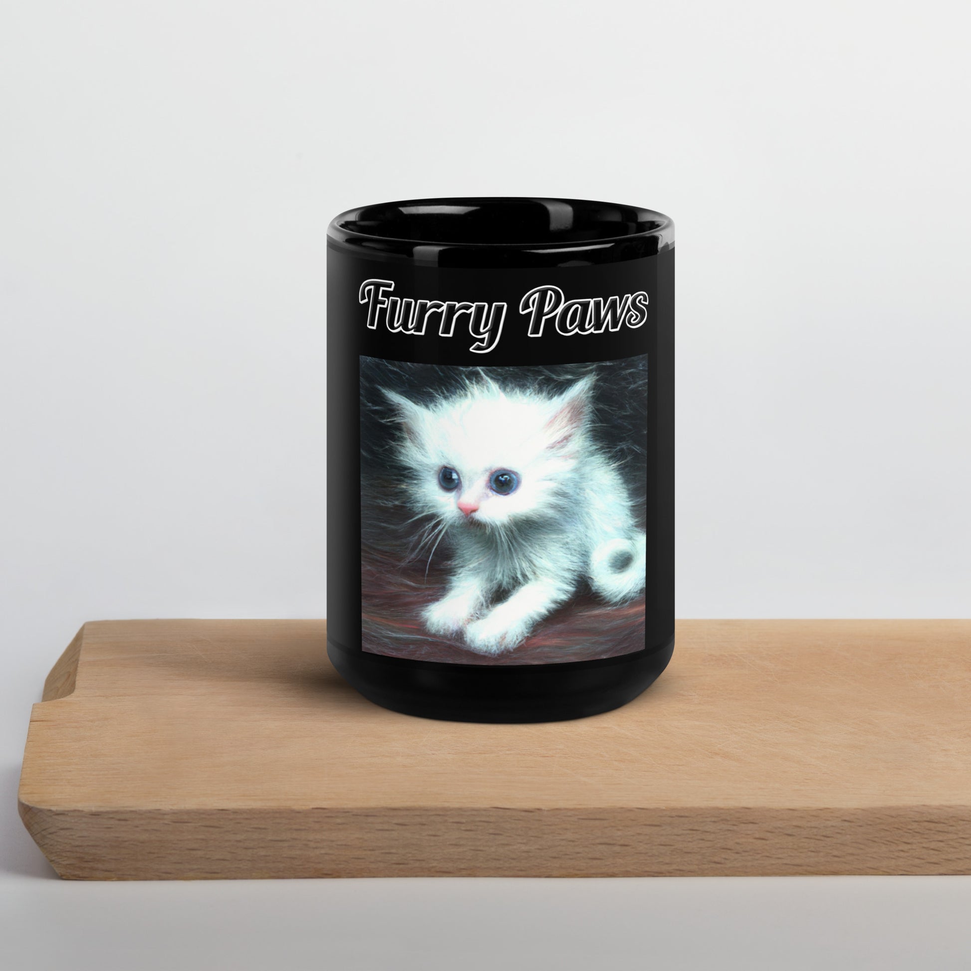 Black Glossy Mug with text Wispy Furred Kitten with a text "Furry Paws" at $17.99 found at Personalizedpetlovergifts