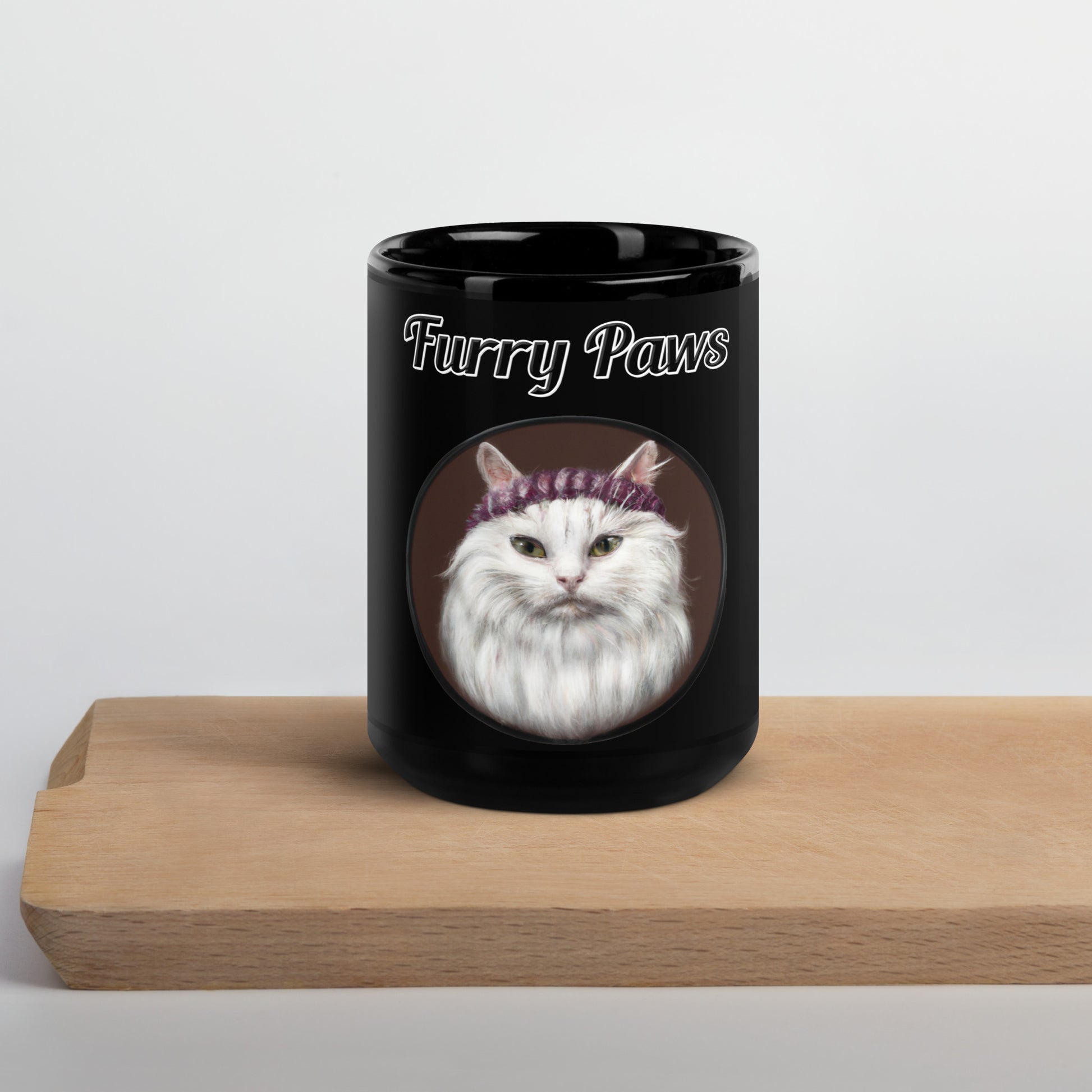 Black Glossy Mug with text White Fluffy Kitten With a Knit Headband with a text "Furry Paws" at $17.99 found at Personalizedpetlovergifts