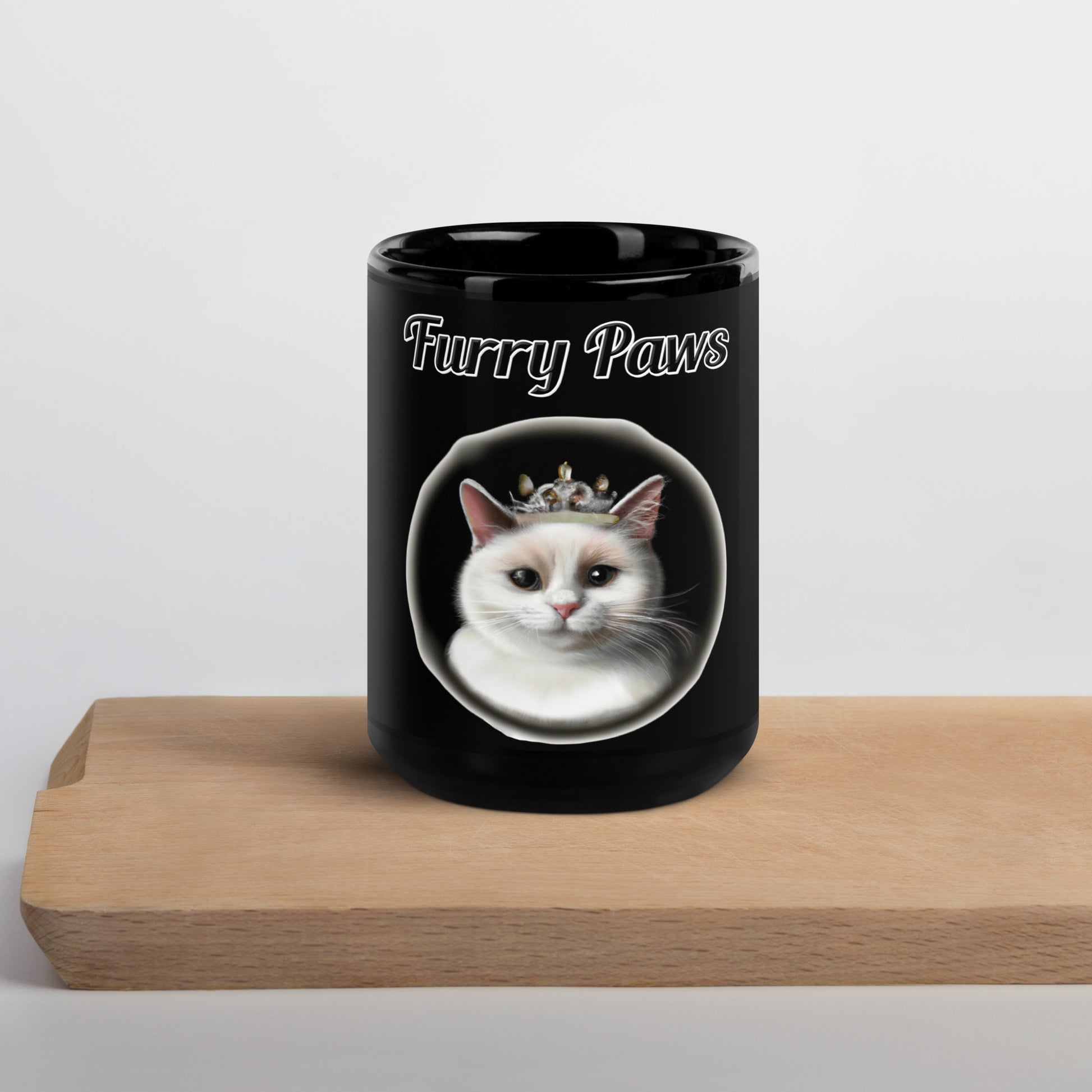 Black Glossy Mug with text White Cat With a Tiara with a text "Furry Paws" at $17.99 found at Personalizedpetlovergifts