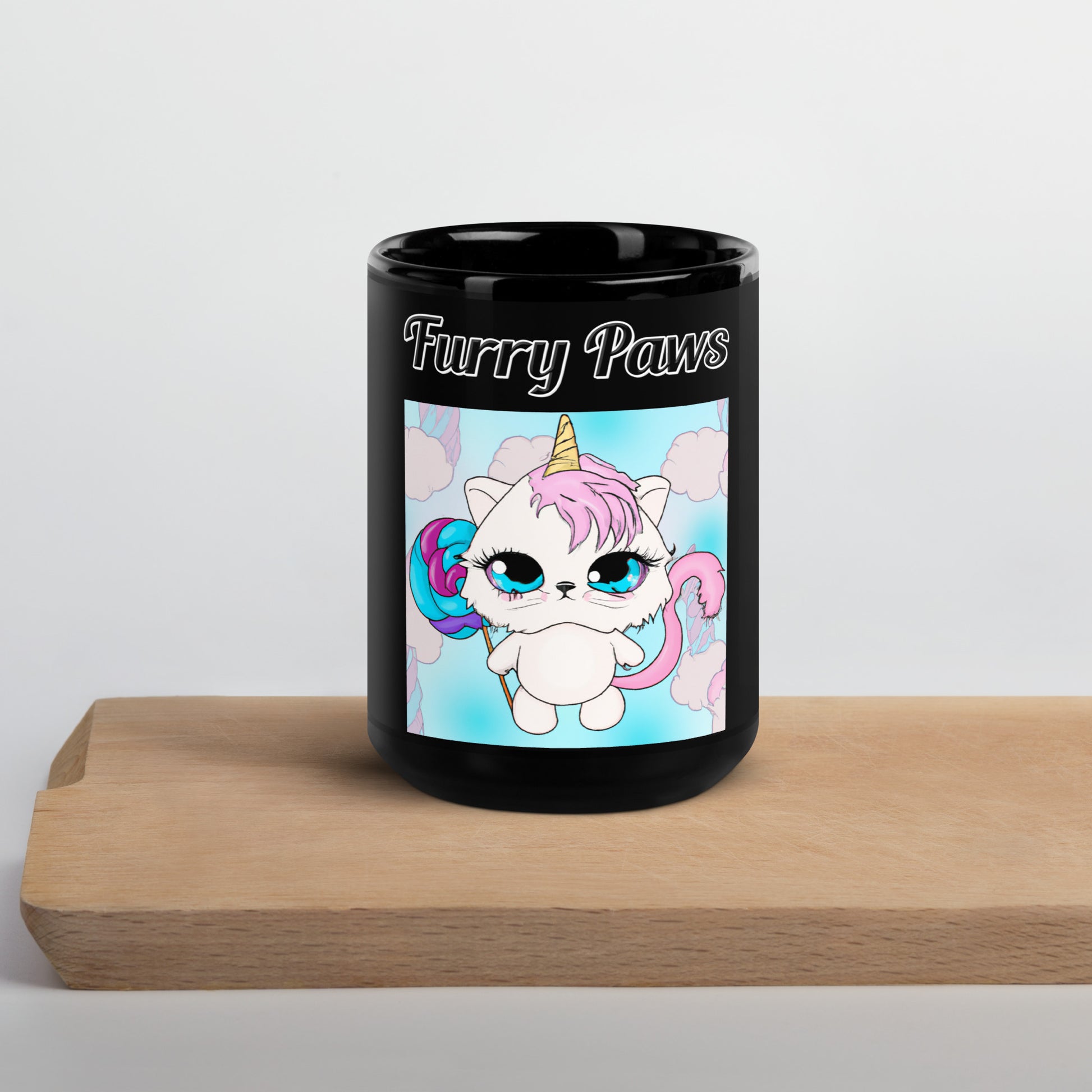 Black Glossy Mug with text Unicorn Kitten With Lollipop with a text "Furry Paws" at $17.99 found at Personalizedpetlovergifts