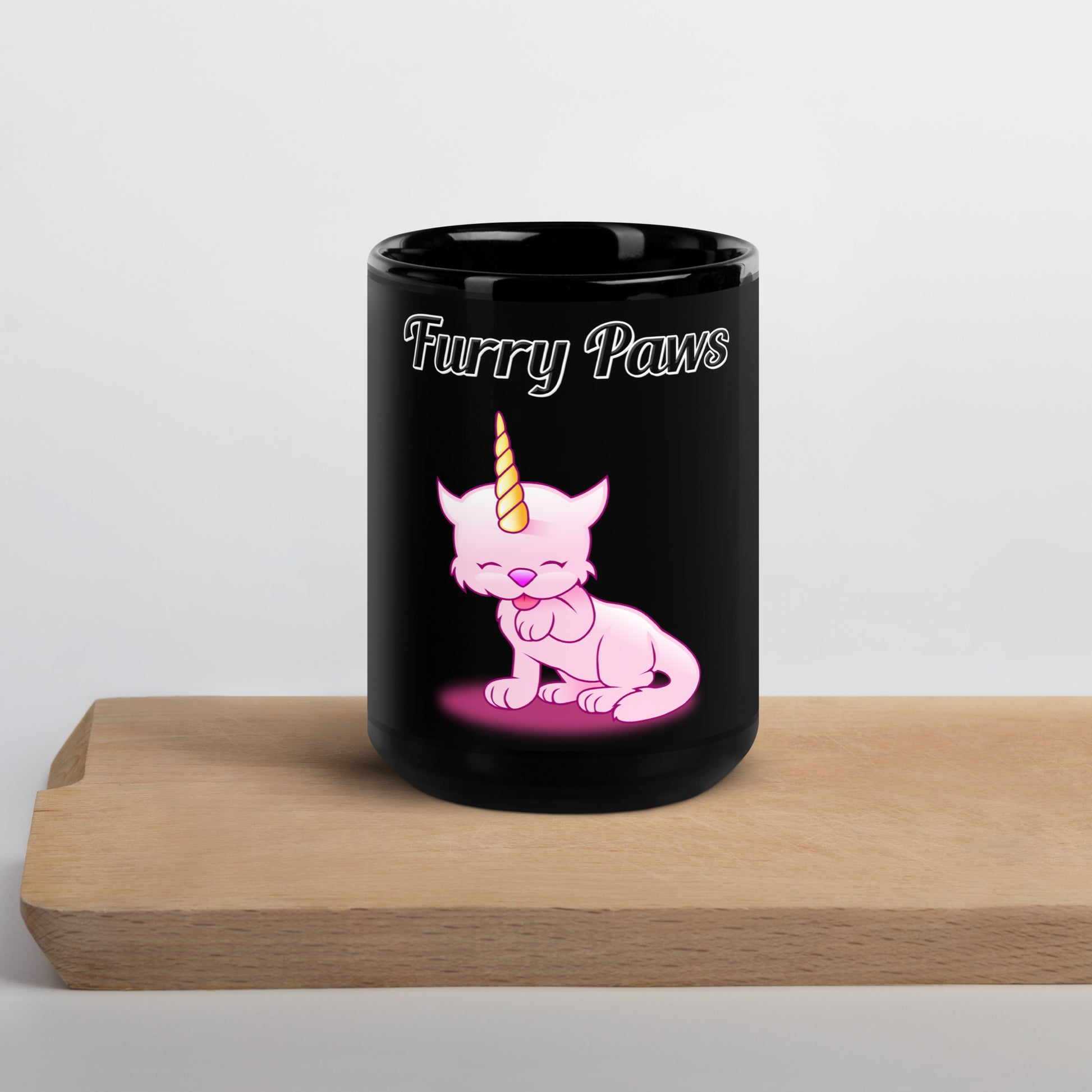 Black Glossy Mug with text Unicorn Cat Licking Its Paw with a text "Furry Paws" at $17.99 found at Personalizedpetlovergifts