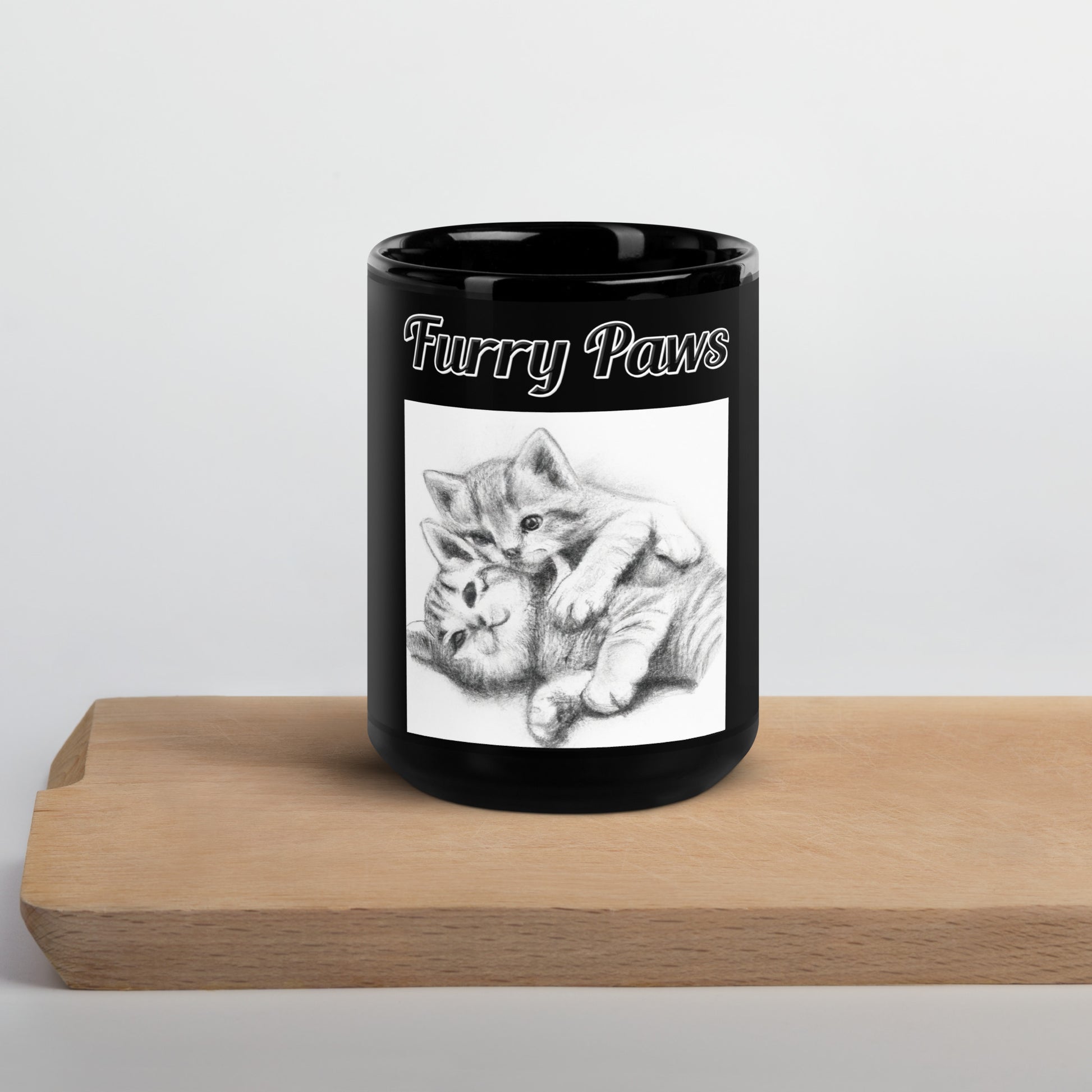 Black Glossy Mug with text Two Cute Kittens Hugging Pencil Drawing with a text "Furry Paws" at $17.99 found at Personalizedpetlovergifts