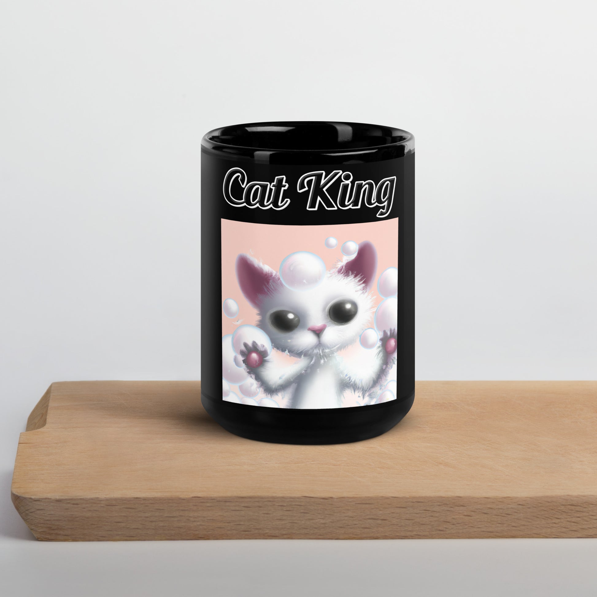 Black Glossy Mug with text White Kitten Playing With Bubbles with a text "Cat King" at $17.99 found at Personalizedpetlovergifts