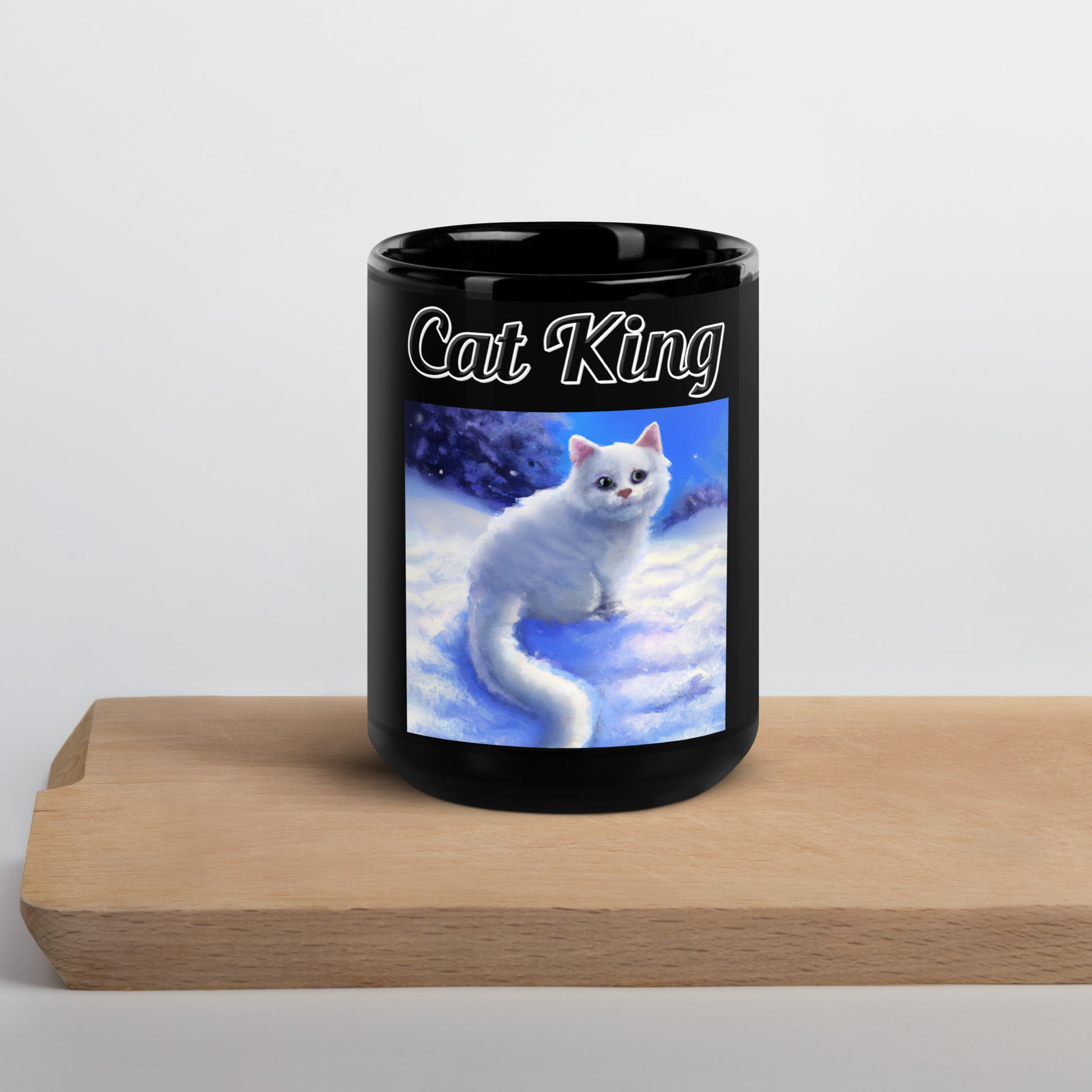 Black Glossy Mug with text White Kitten In Winter with a text "Cat King" at $17.99 found at Personalizedpetlovergifts