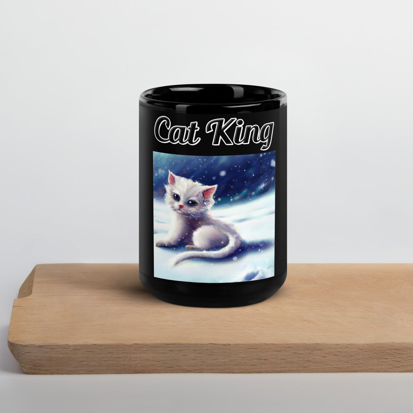 Black Glossy Mug with text White Kitten In The Snow with a text "Cat King" at $17.99 found at Personalizedpetlovergifts