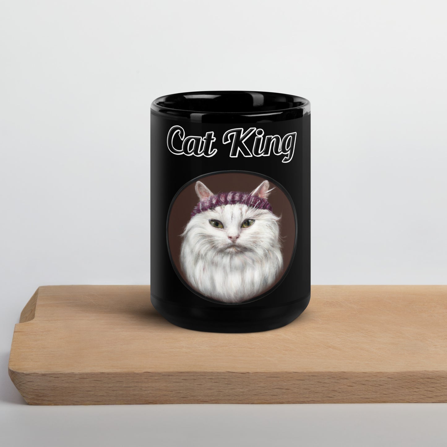 Black Glossy Mug with text White Fluffy Kitten With a Knit Headband with a text "Cat King" at $17.99 found at Personalizedpetlovergifts