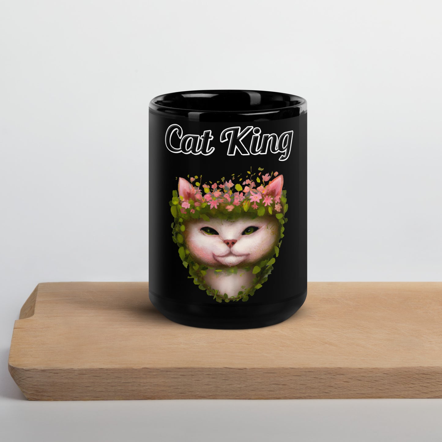 Black Glossy Mug with text White Cat With Flowers with a text "Cat King" at $17.99 found at Personalizedpetlovergifts