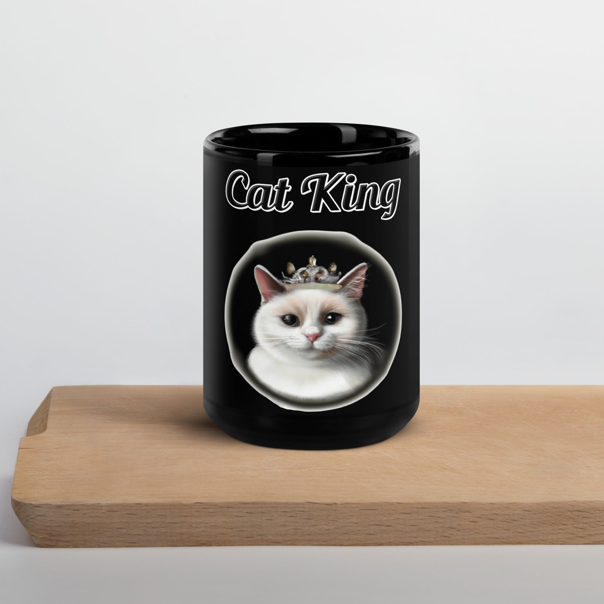 Black Glossy Mug with text White Cat With a Tiara with a text "Cat King" at $17.99 found at Personalizedpetlovergifts