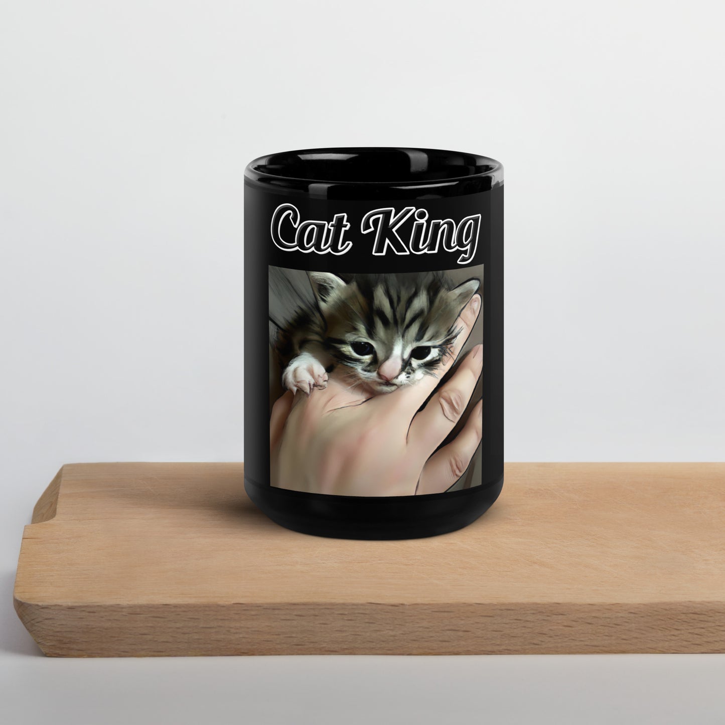 Black Glossy Mug with text Tiny Kitten In Hand with a text "Cat King" at $17.99 found at Personalizedpetlovergifts