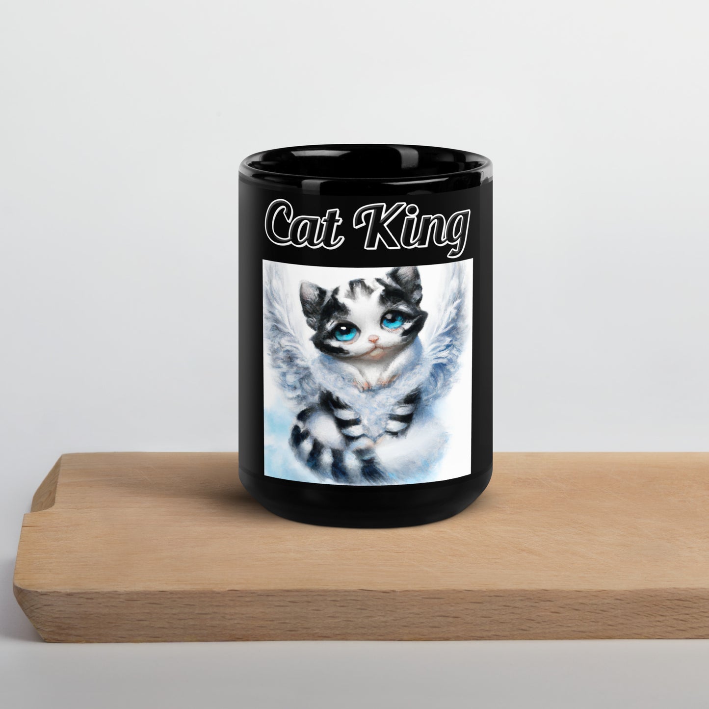 Black Glossy Mug with text Striped Angel Kitten with a text "Cat King" at $17.99 found at Personalizedpetlovergifts