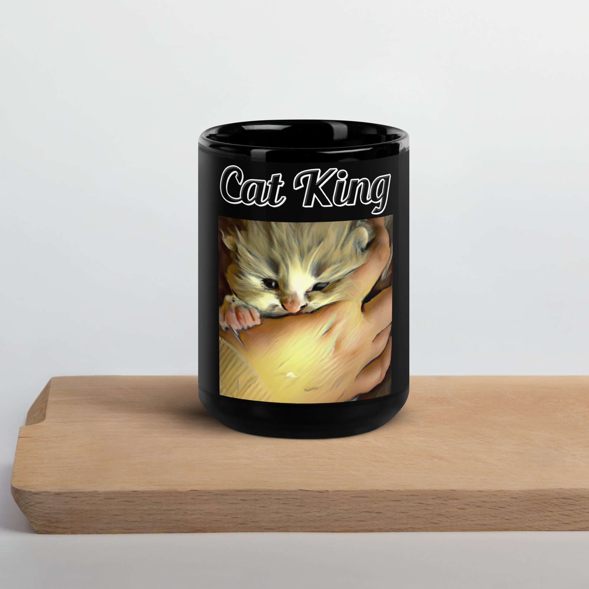 Black Glossy Mug with text Small Kitten In Hand with a text "Cat King" at $17.99 found at Personalizedpetlovergifts