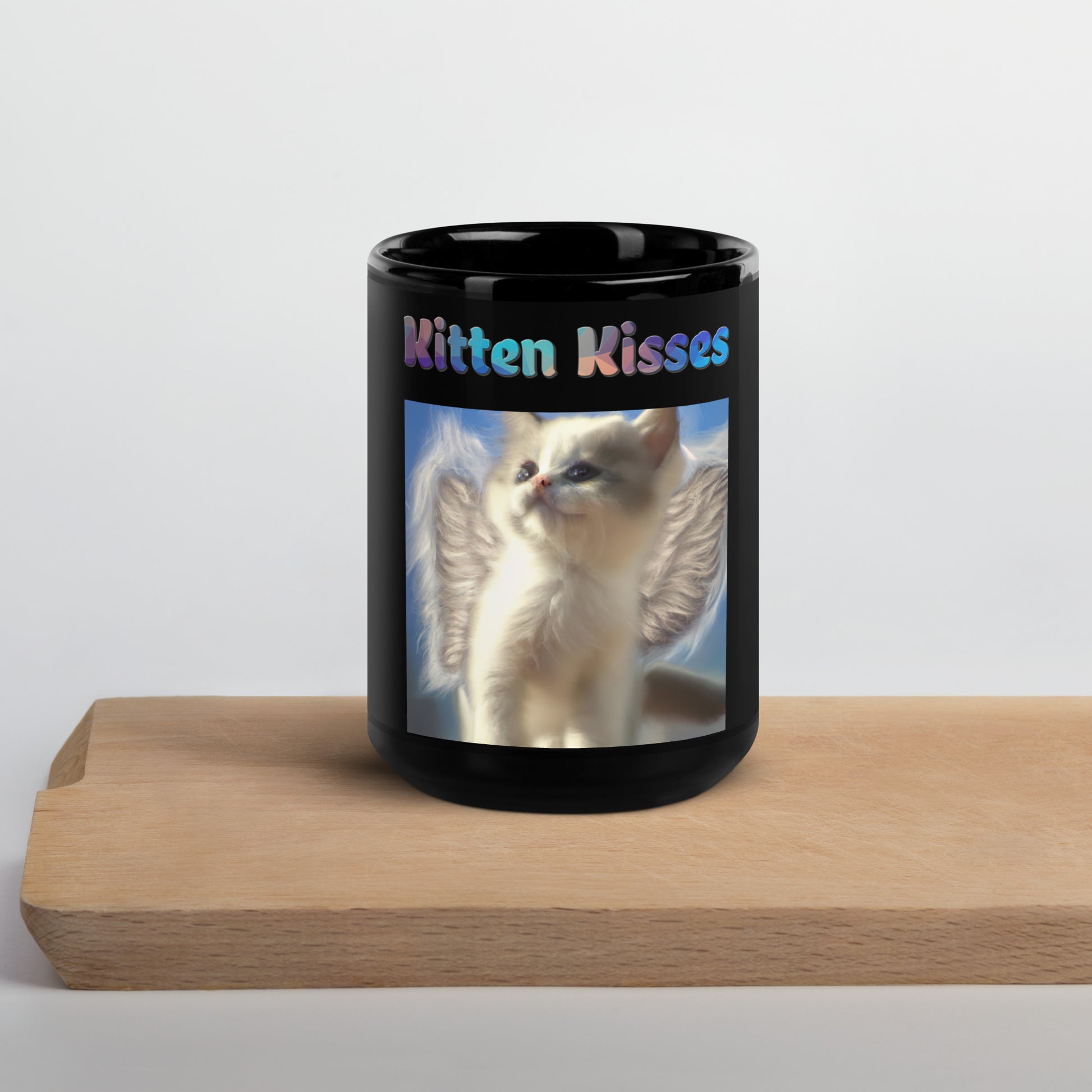 Black Glossy Mug with Cute Angel Kitten With Wings with text "Kitten Kisses" at $25.97 found at Personalizedpetlovergifts