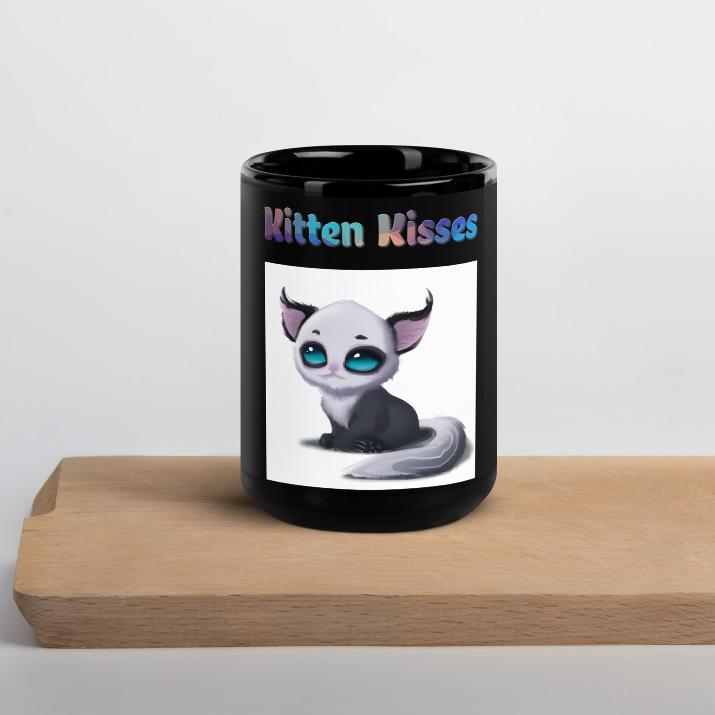 Black Glossy Mug with Cute Alien Kitten with text "Kitten Kisses" at $25.97 found at Personalizedpetlovergifts