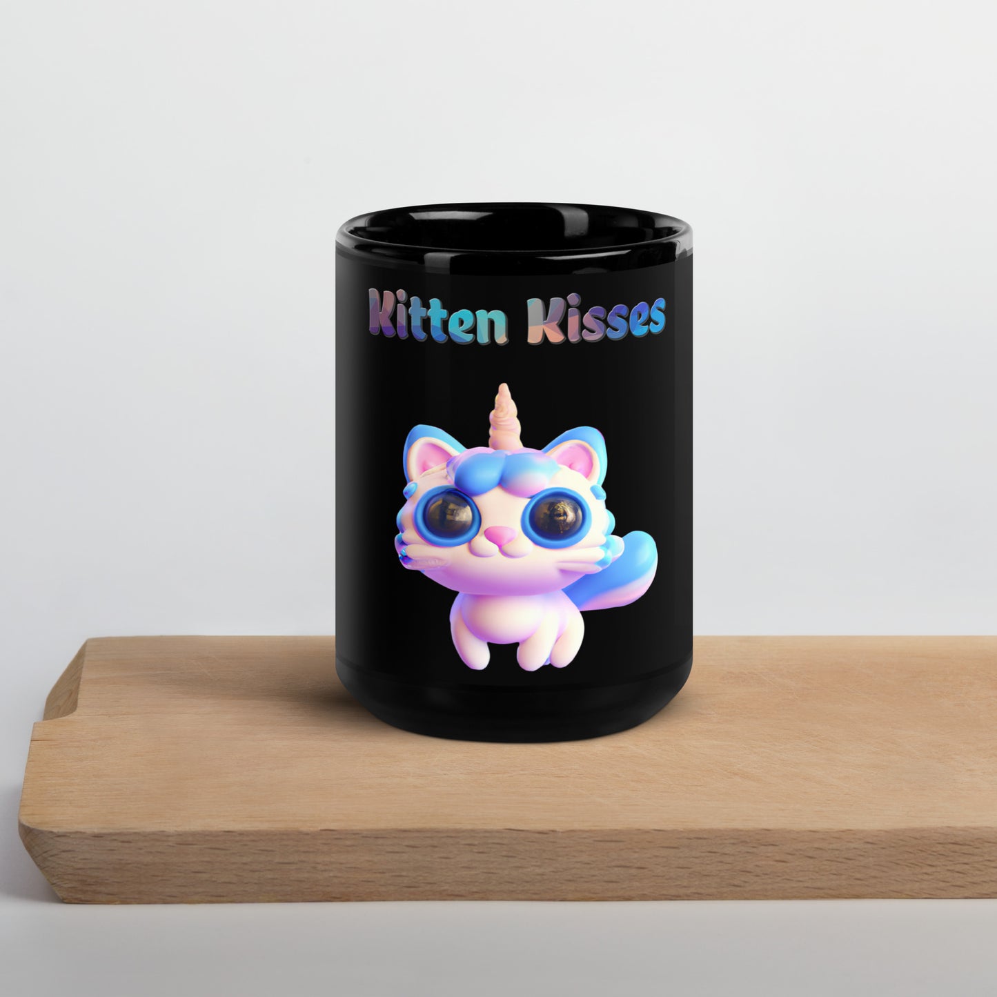 Black Glossy Mug with Cute 3D Unicorn Cat with text "Kitten Kisses" at $25.97 found at Personalizedpetlovergifts