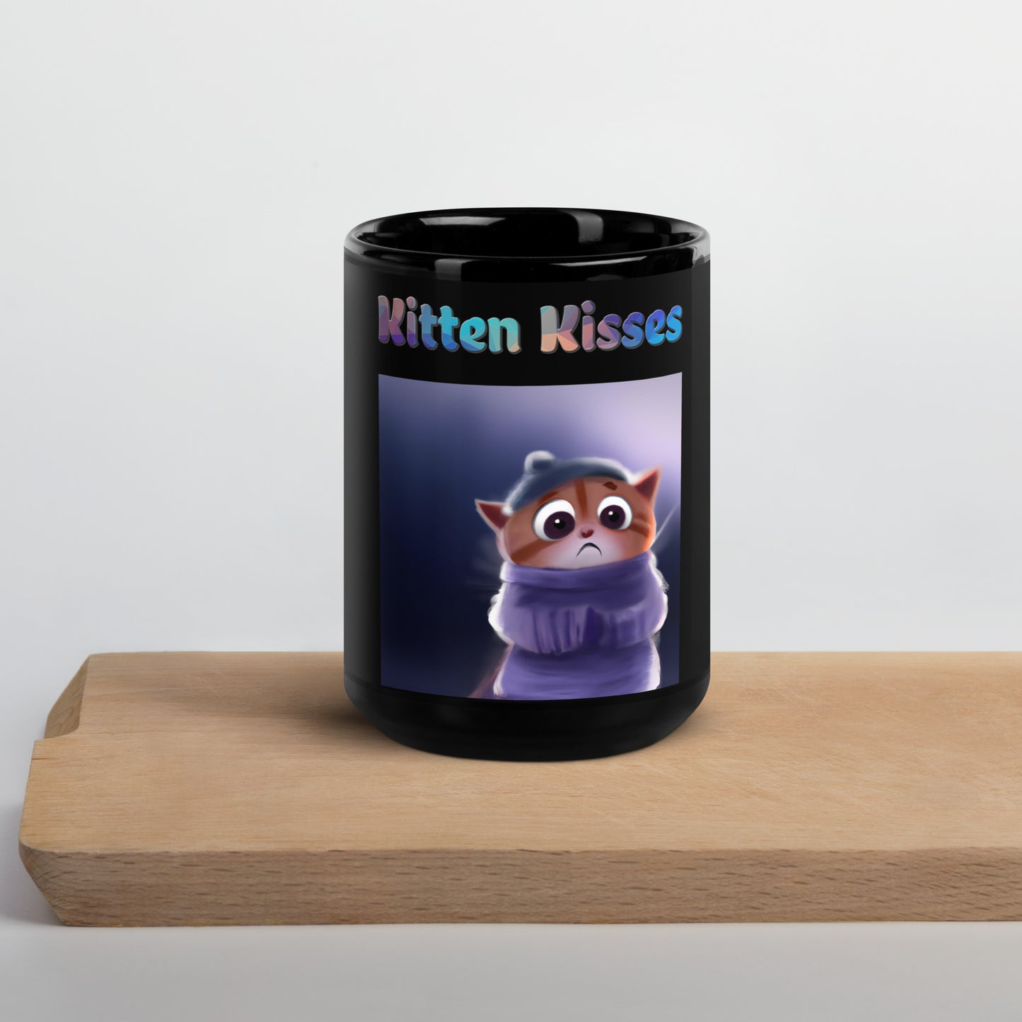 Black Glossy Mug with Cozy Kitten with text "Kitten Kisses" at $25.97 found at Personalizedpetlovergifts