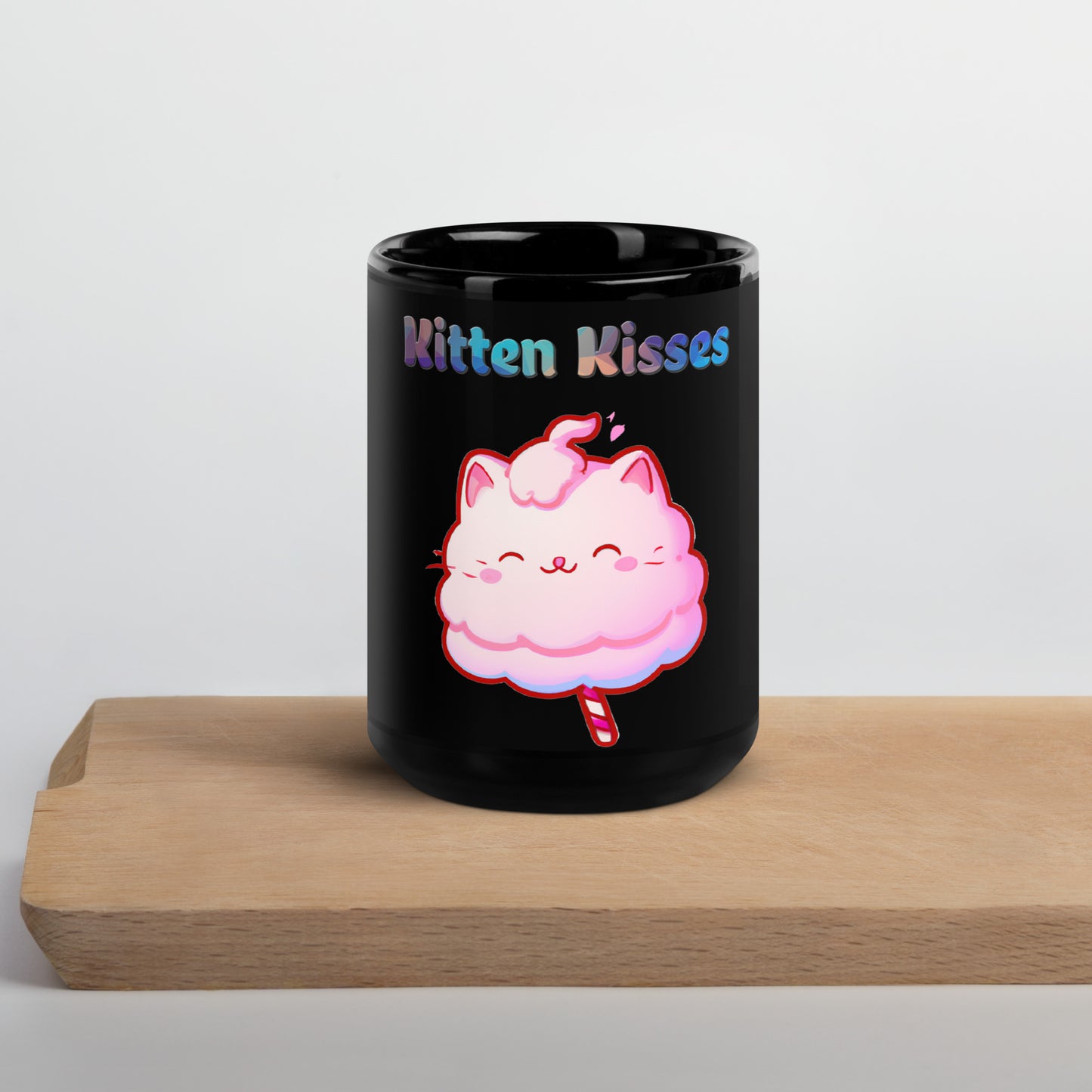 Black Glossy Mug with Cotton Candy Cat with text "Kitten Kisses" at $25.97 found at Personalizedpetlovergifts