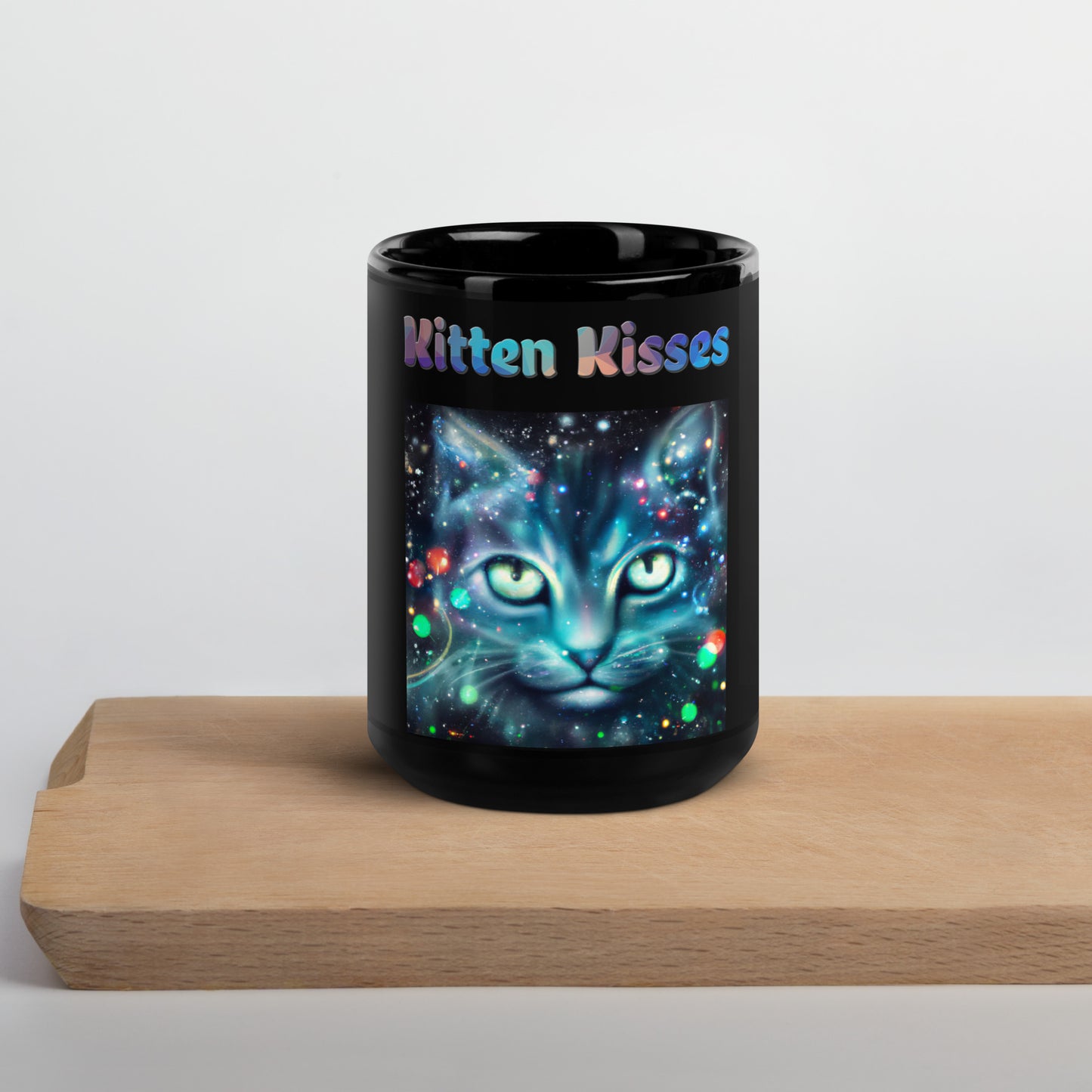 Black Glossy Mug with Cosmic Cat with text "Kitten Kisses" at $25.97 found at Personalizedpetlovergifts