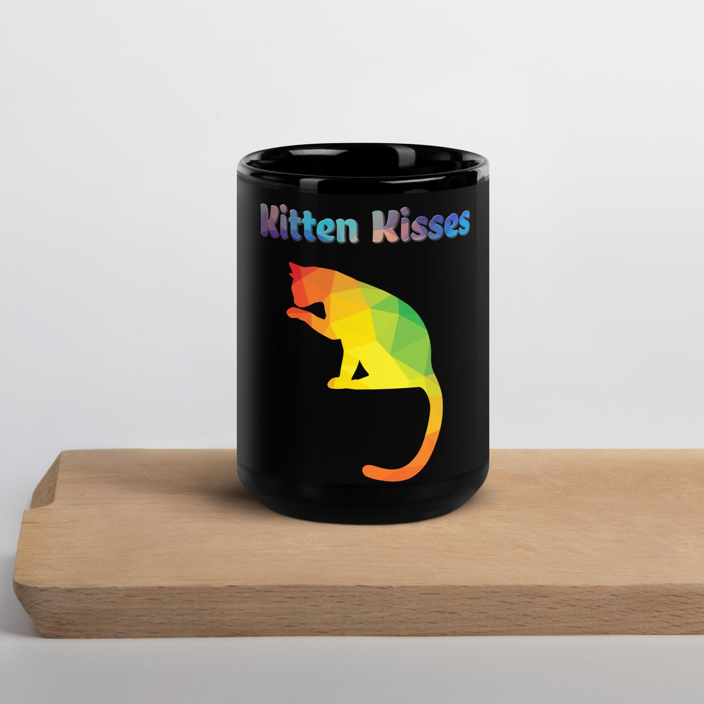 Black Glossy Mug with Colorful Cat Silhouette with text "Kitten Kisses" at $25.97 found at Personalizedpetlovergifts