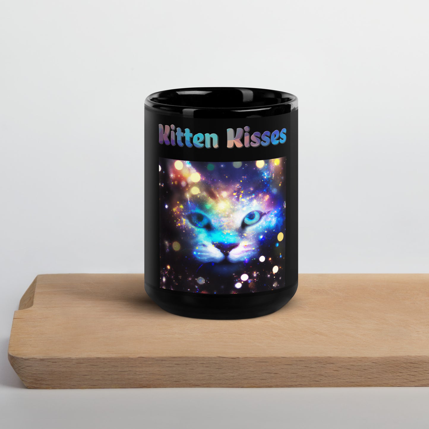 Black Glossy Mug with Colorful Cat Photo with text "Kitten Kisses" at $25.97 found at Personalizedpetlovergifts