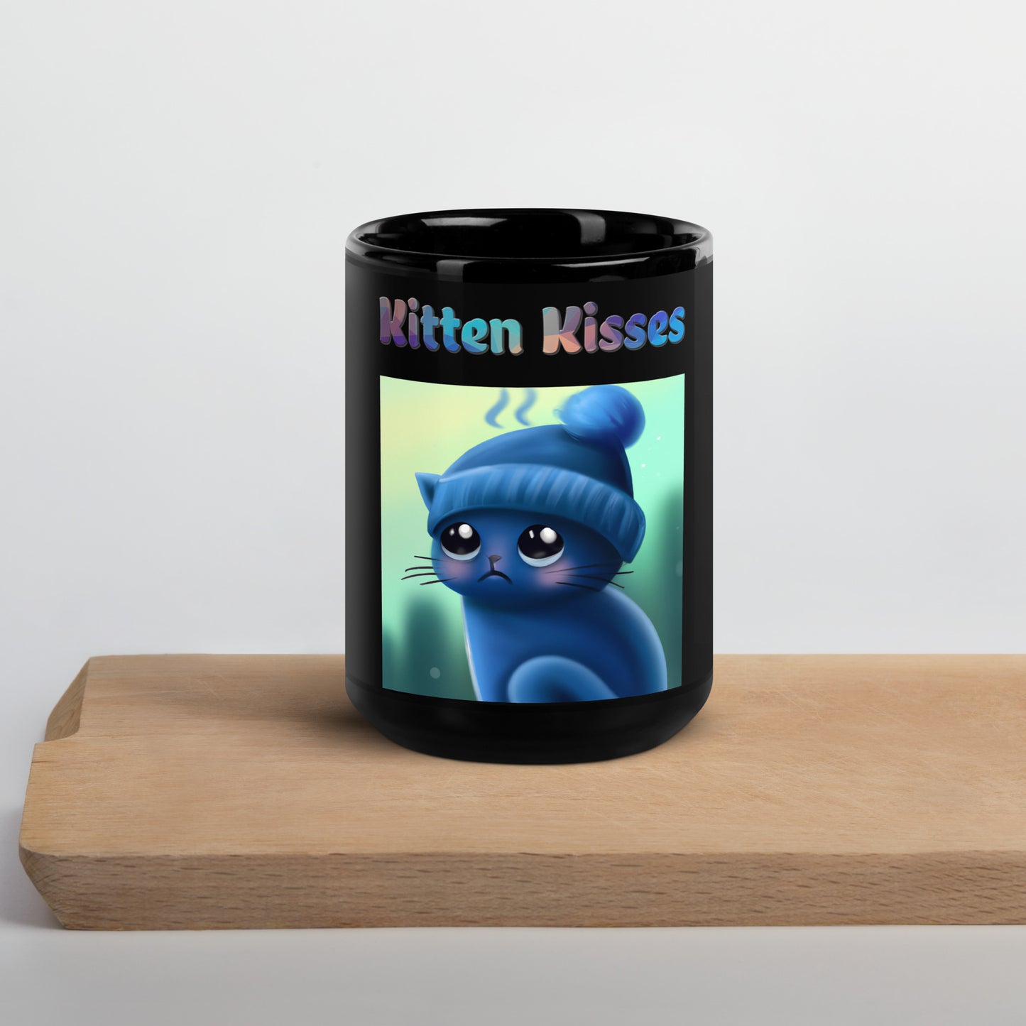 Black Glossy Mug with Cold Kitten In a Hat with text "Kitten Kisses" at $25.97 found at Personalizedpetlovergifts