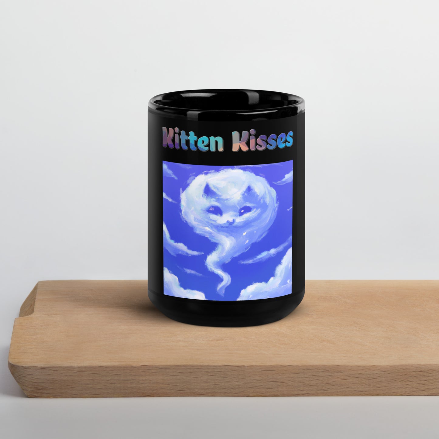 Black Glossy Mug with Cloud With a Cat Face with text "Kitten Kisses" at $25.97 found at Personalizedpetlovergifts