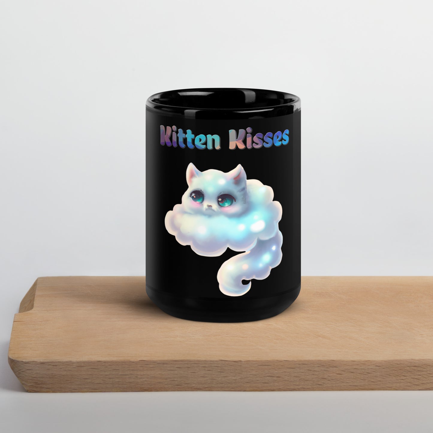 Black Glossy Mug with Cloud Shaped Kitten with text "Kitten Kisses" at $25.97 found at Personalizedpetlovergifts