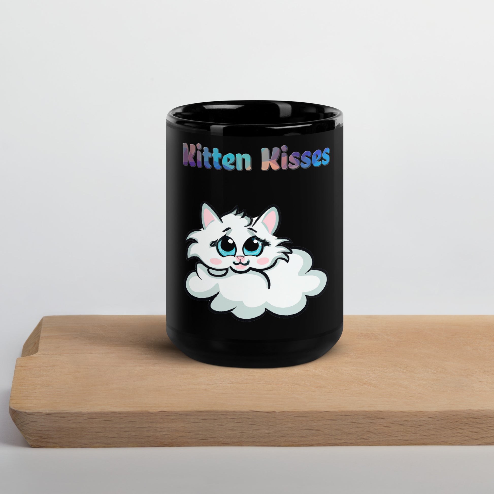 Black Glossy Mug with Cloud Kitten with text "Kitten Kisses" at $25.97 found at Personalizedpetlovergifts