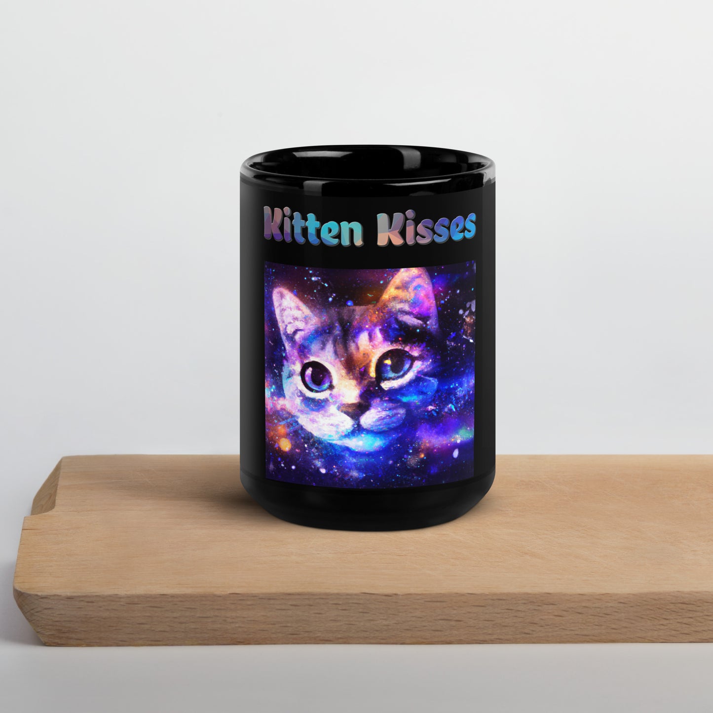 Black Glossy Mug with Cat With Space with text "Kitten Kisses" at $25.97 found at Personalizedpetlovergifts