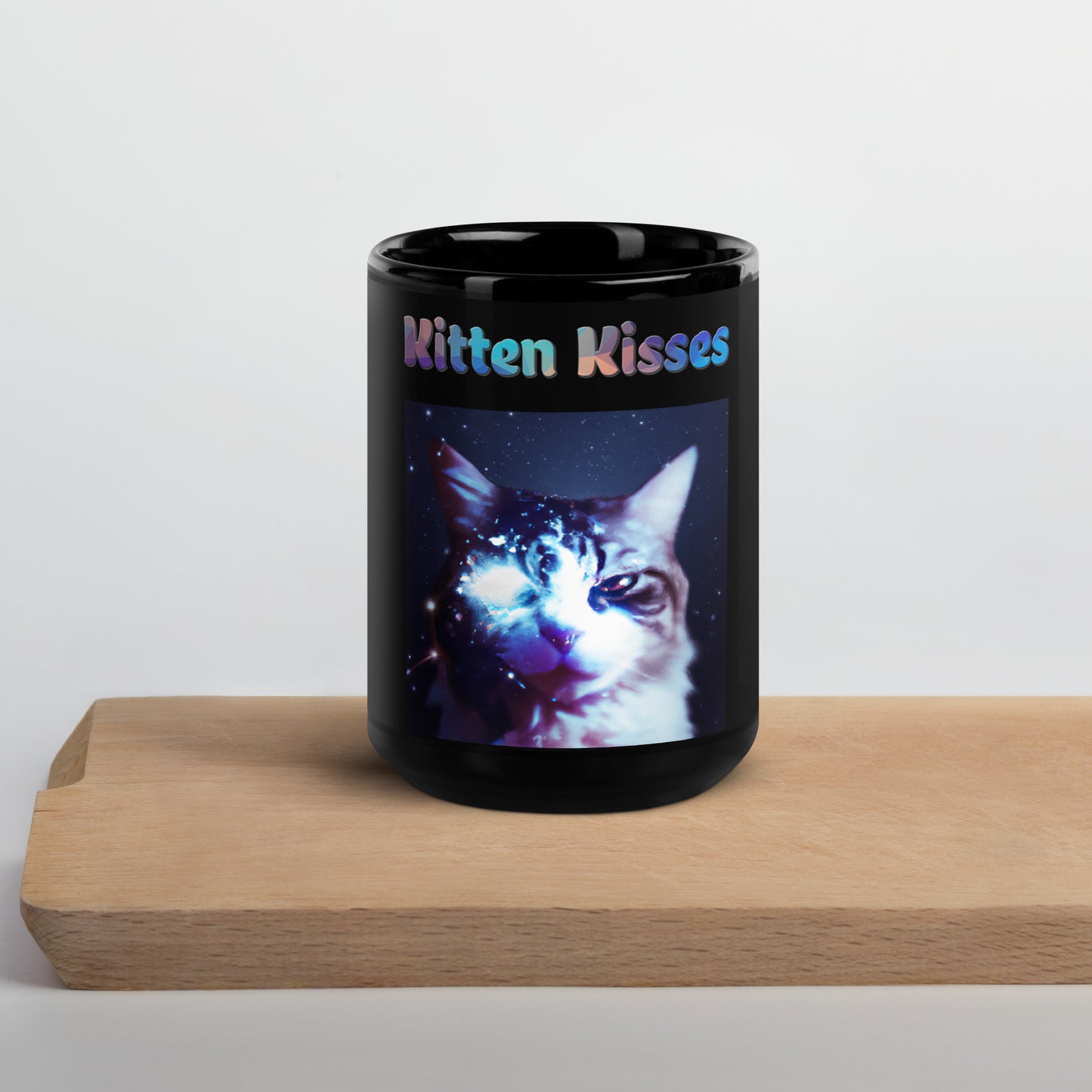 Black Glossy Mug with Cat With Space Eye with text "Kitten Kisses" at $25.97 found at Personalizedpetlovergifts