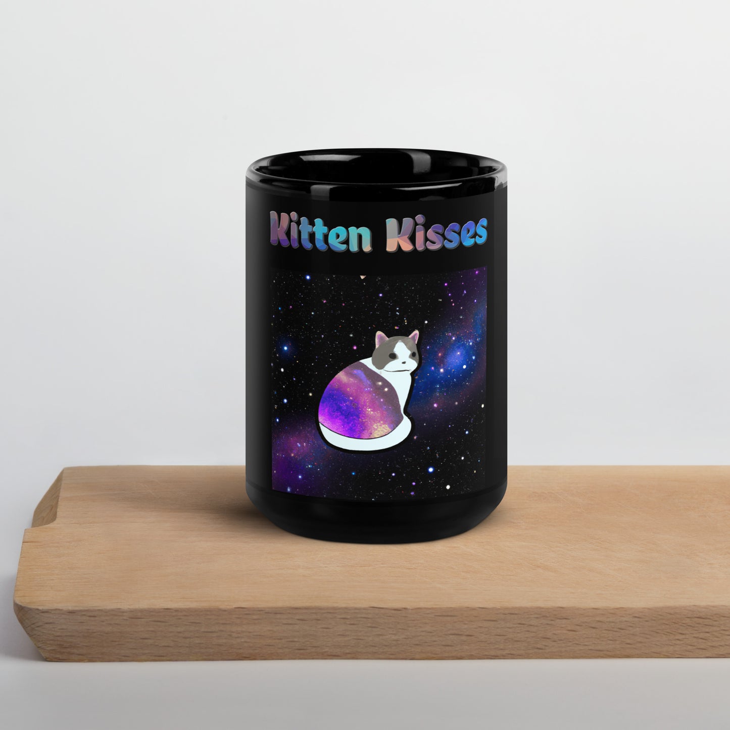 Black Glossy Mug with Cat With Space Clothes with text "Kitten Kisses" at $25.97 found at Personalizedpetlovergifts